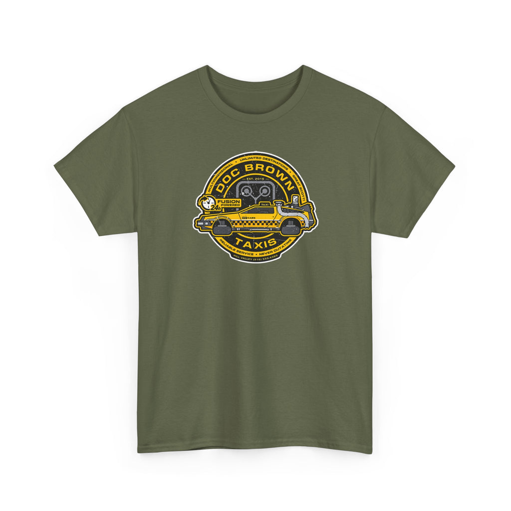 Vintage Taxi Badge T-Shirt — 'Doc Brown Taxis' Retro Cab Logo Tee