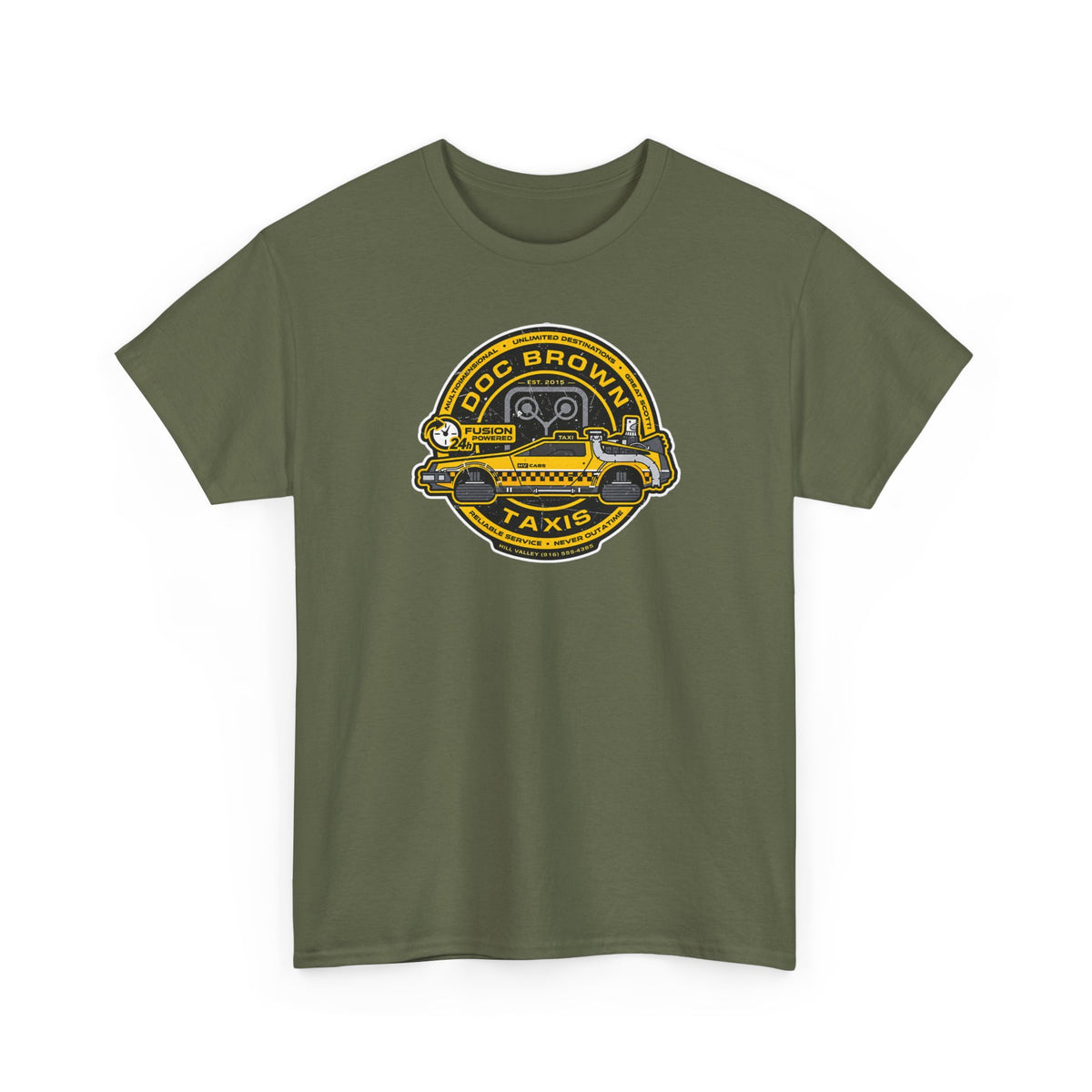 Vintage Taxi Badge T-Shirt — 'Doc Brown Taxis' Retro Cab Logo Tee
