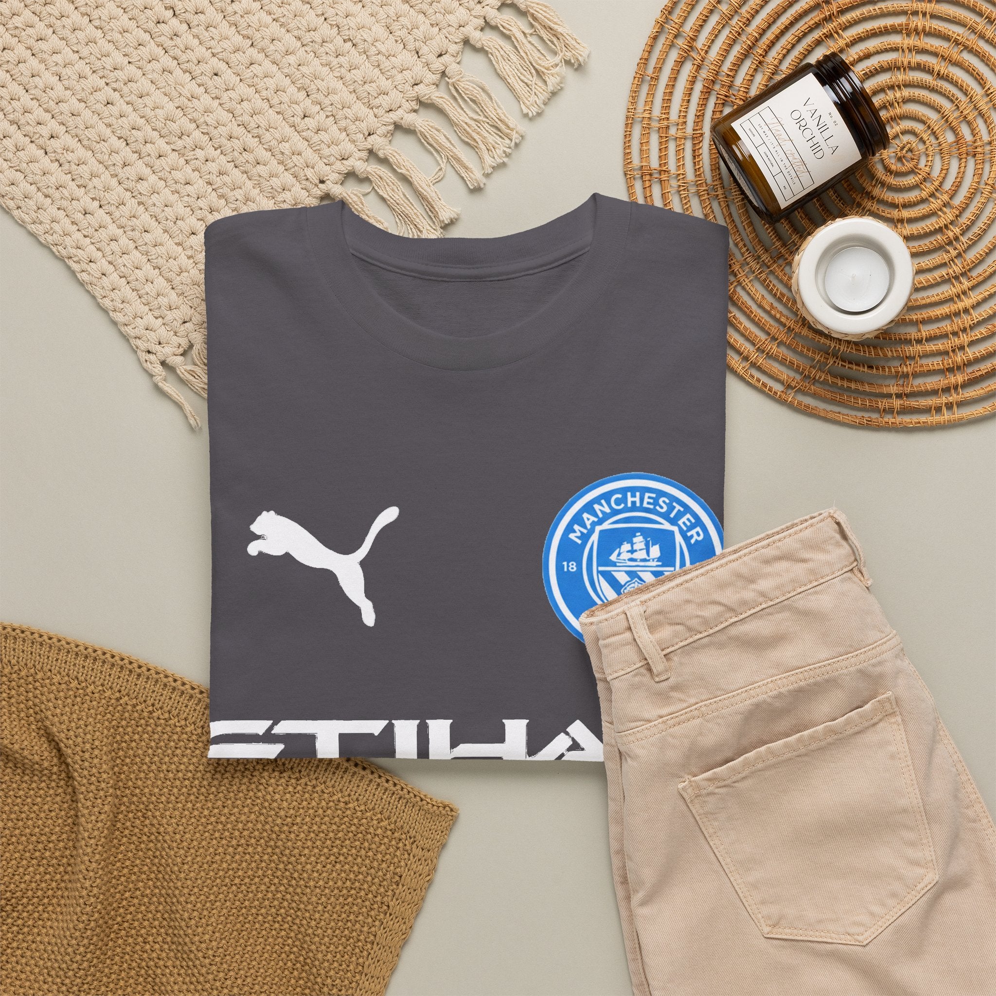 Man City Inspired Etihad Airways Logo Tee - Black Puma Style Football Shirt