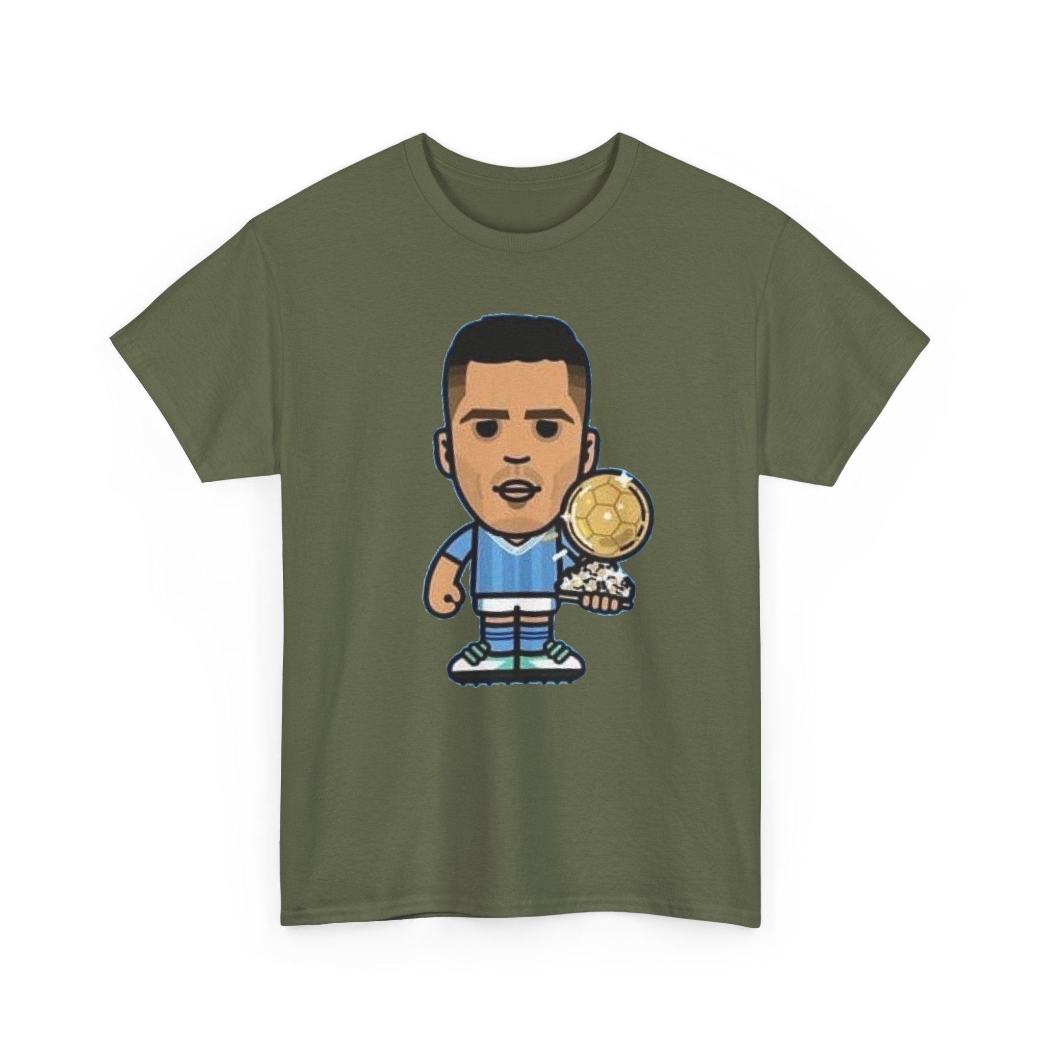 Rodri Manchester City Cartoon Tee — Player Holding Trophy Graphic Shirt