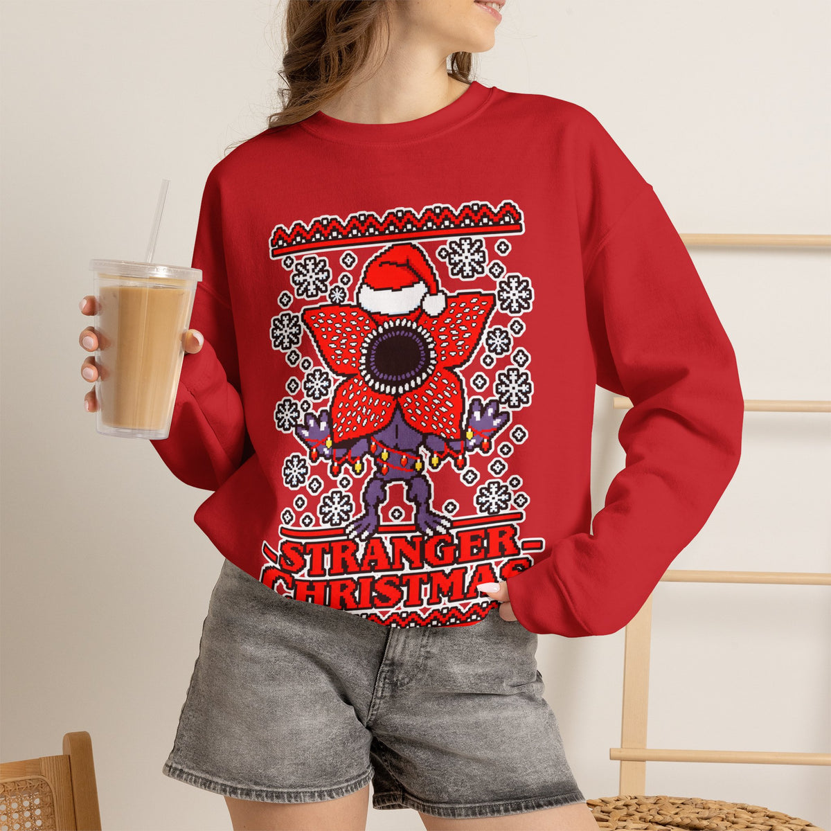 Stranger Christmas Crewneck Sweatshirt – Retro Demogorgon Holiday Sweater