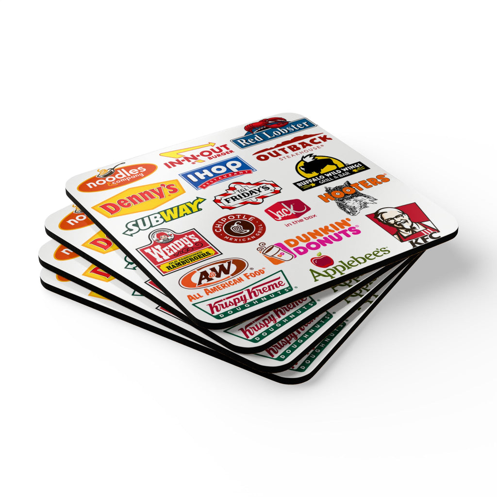 American Fast Food Logo Cork Coaster Set – Retro Restaurant Logo Drink Coasters (4-Pack)