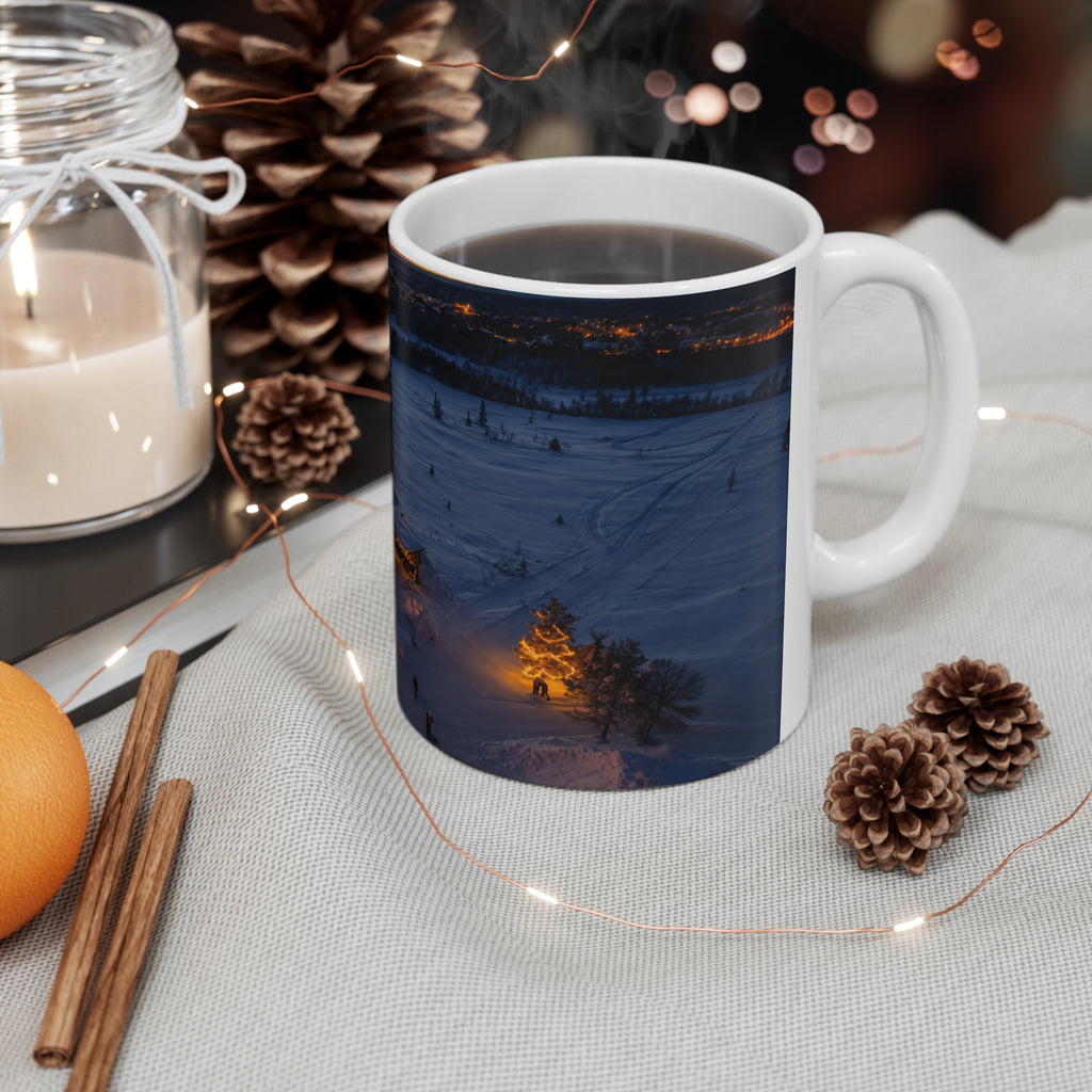 Winter Cabin Night Ceramic Mug – Cozy Snowy Village 11oz & 15oz