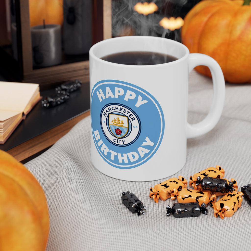 Manchester City Inspired Happy Birthday Football Mug — Manchester City Crest Ceramic Coffee Cup (11oz & 15oz)