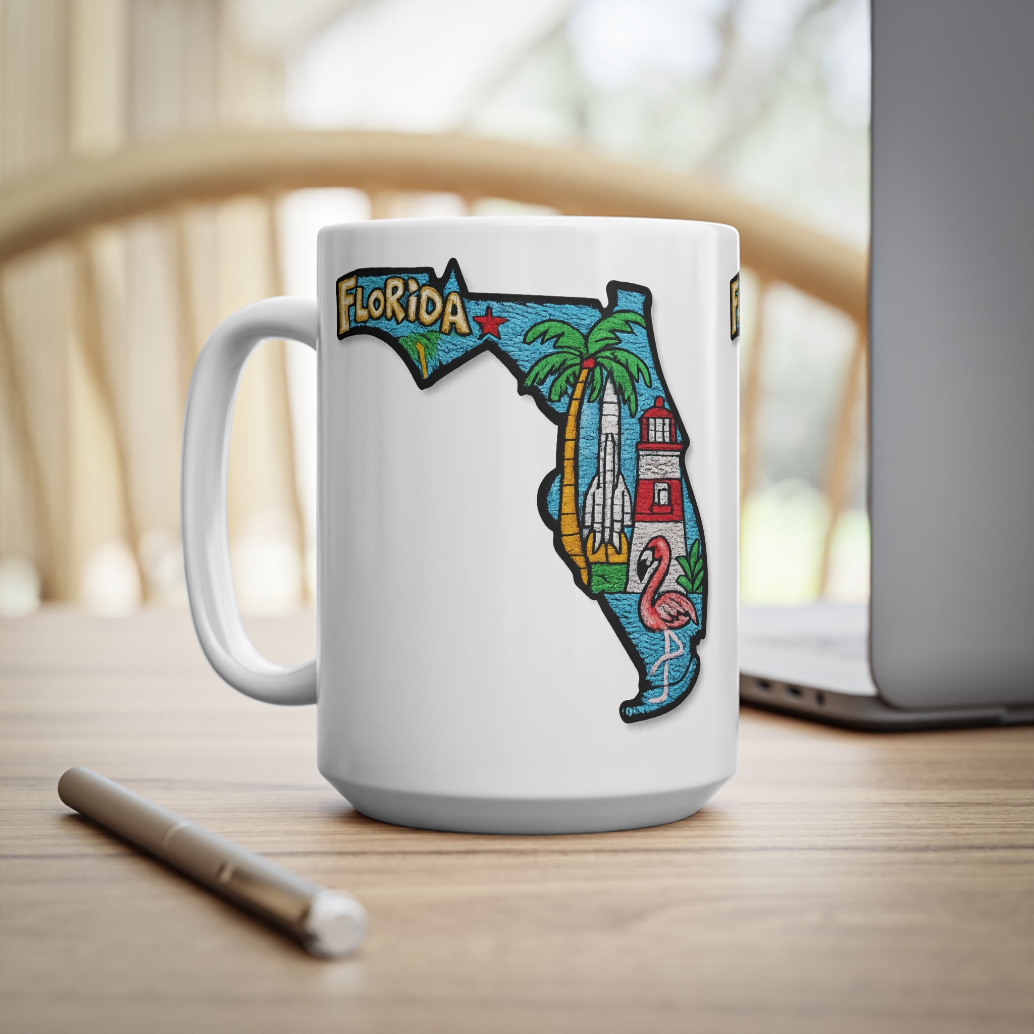 Florida State Map Coffee Mug – Retro Palm Trees, Lighthouse & Flamingo 11oz/15oz