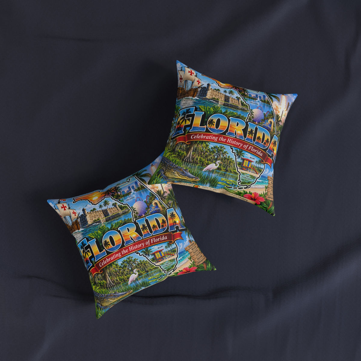 Florida Map Square Pillow — Vintage Travel State Throw Pillow