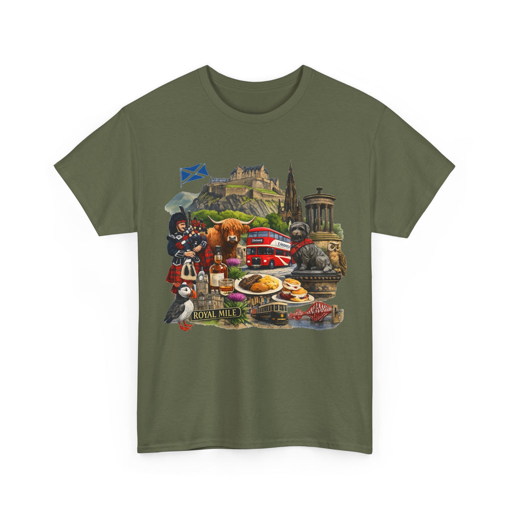 Scotland / Edinburgh Travel Collage T-Shirt — Edinburgh Castle, Bagpipes & Local Icons