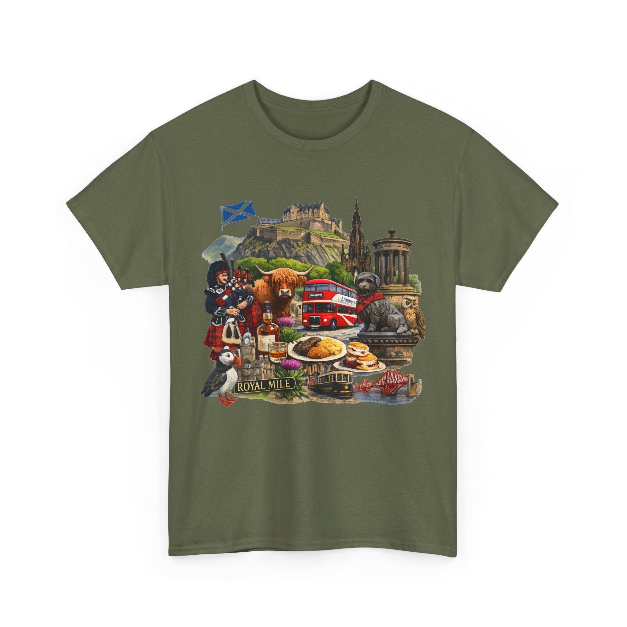 Scotland / Edinburgh Travel Collage T-Shirt — Edinburgh Castle, Bagpipes & Local Icons