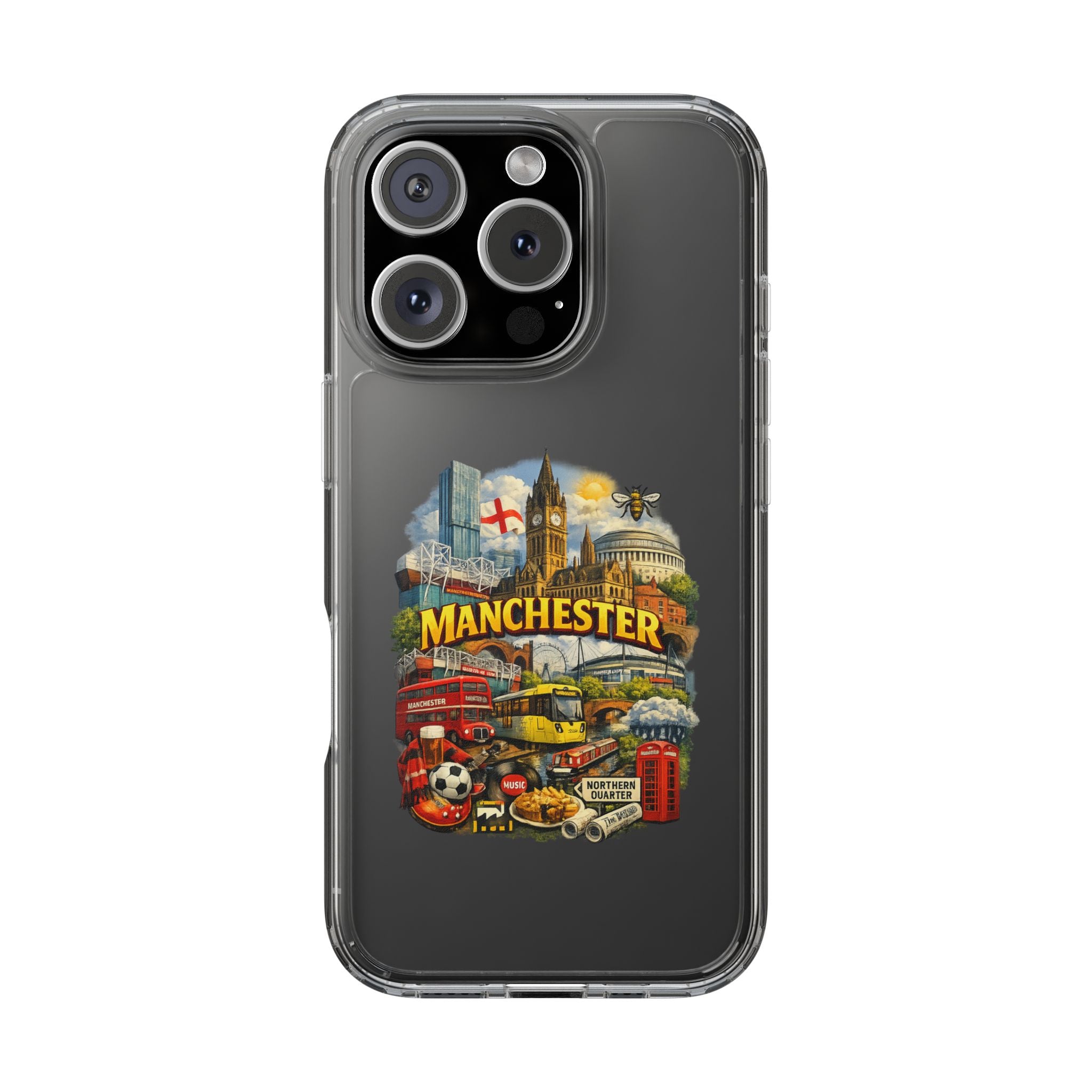 Manchester Landmark Clear Phone Case — Cityscape Collage Design