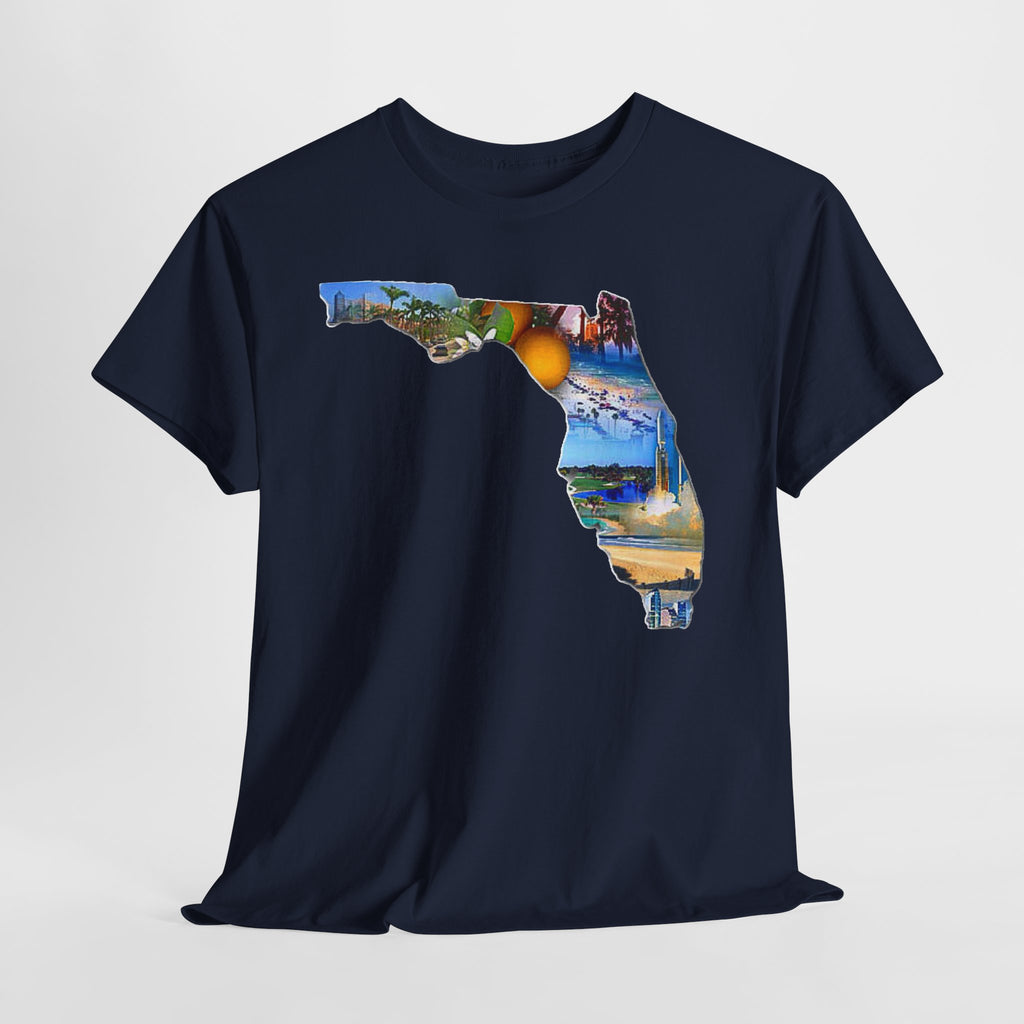 Florida State Shape T-Shirt — Scenic Beach & Sunset Map Tee