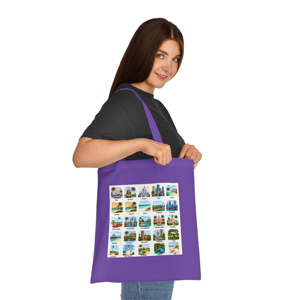 Florida City Landmarks Collage Cotton Tote – Vintage Travel Postcard Design