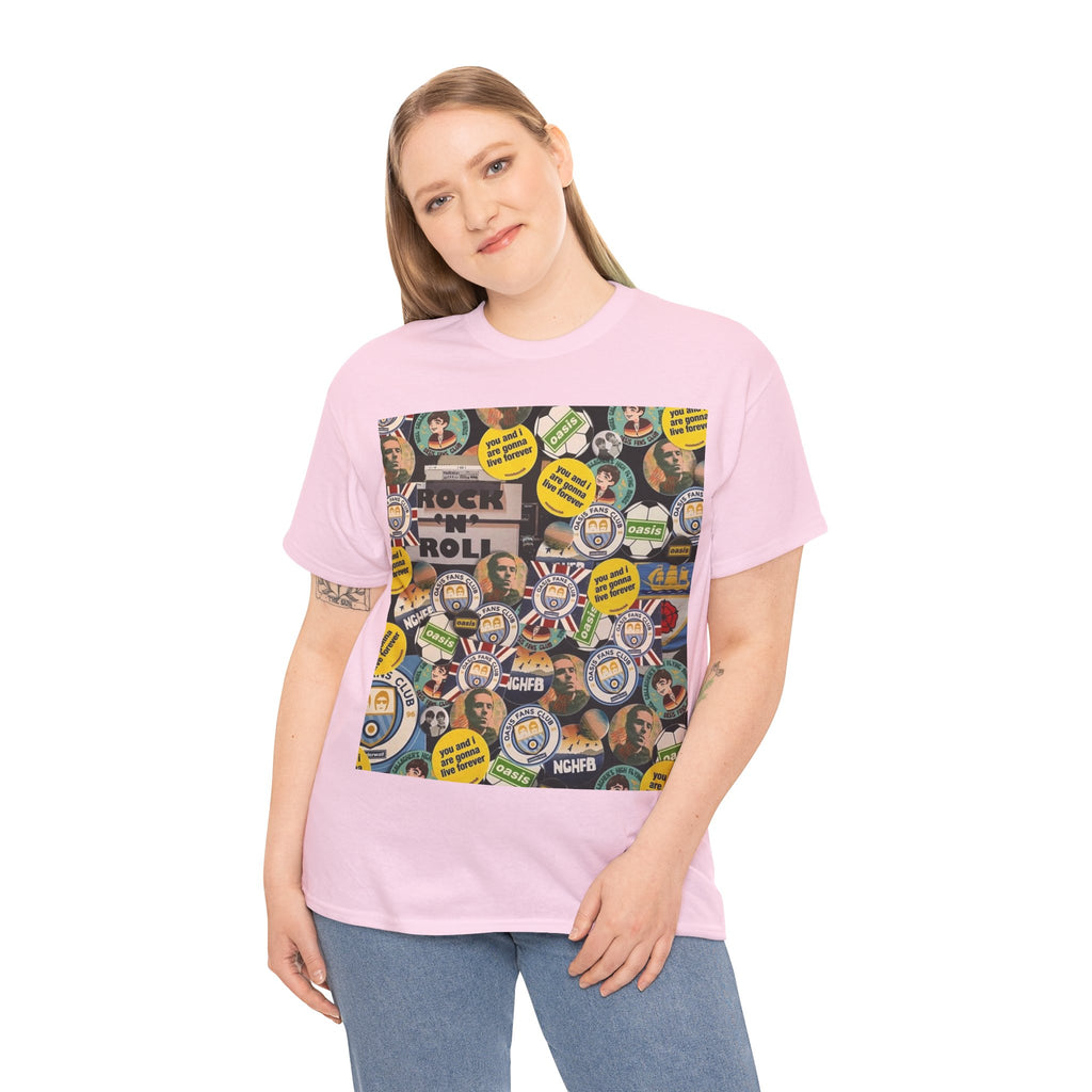 Oasis Rock & Roll Retro Button Collage Tee