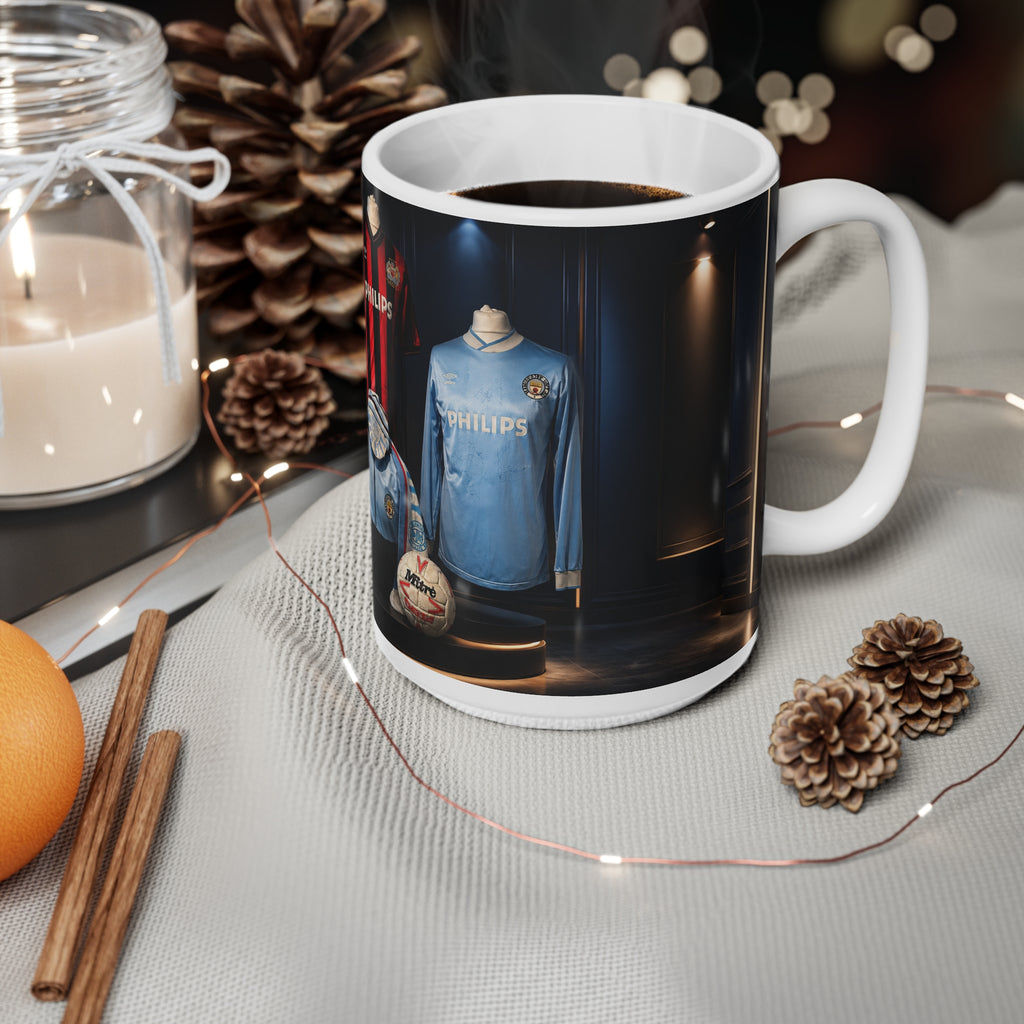 Manchester City Retro Soccer Jersey Display Ceramic Mug — Vintage Philips Football Memorabilia, 11oz/15oz
