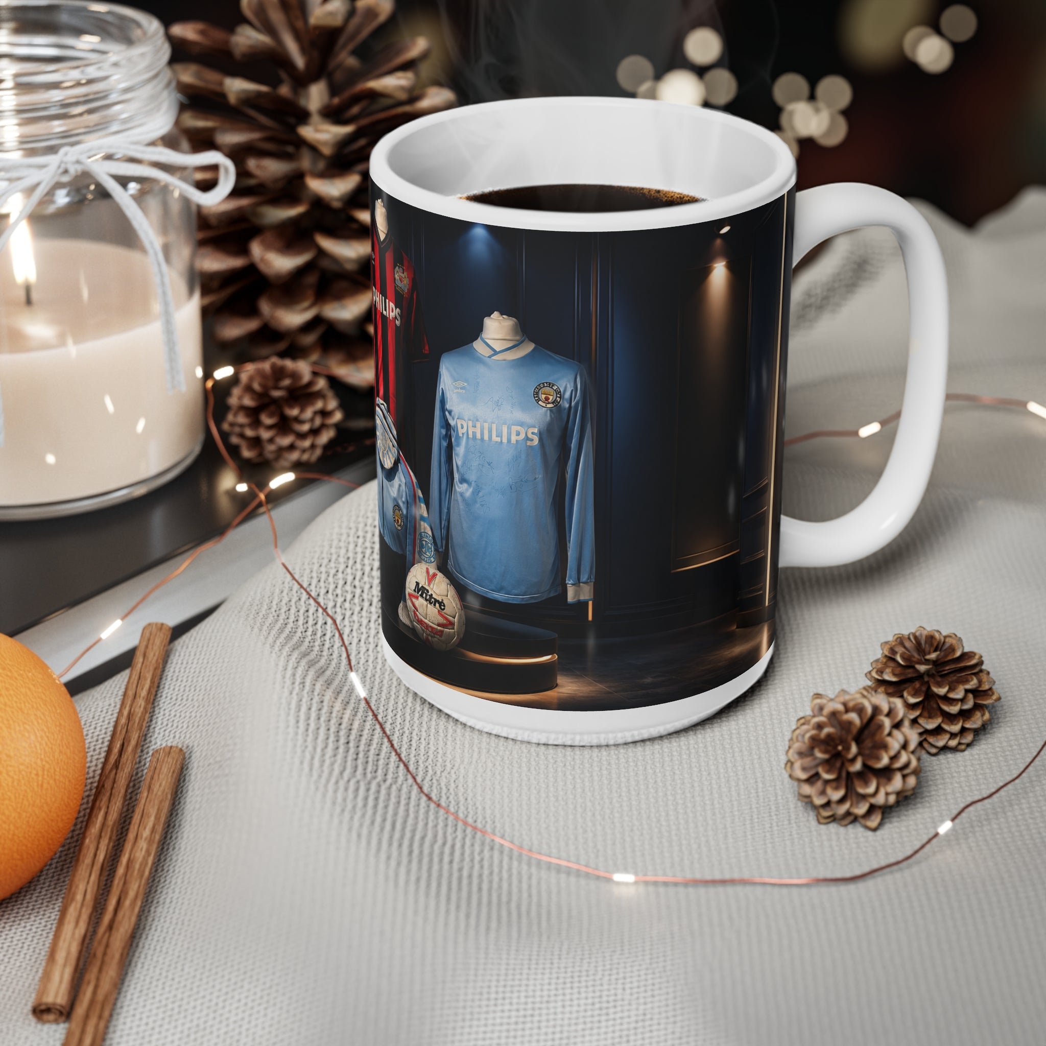 Manchester City Retro Soccer Jersey Display Ceramic Mug — Vintage Philips Football Memorabilia, 11oz/15oz