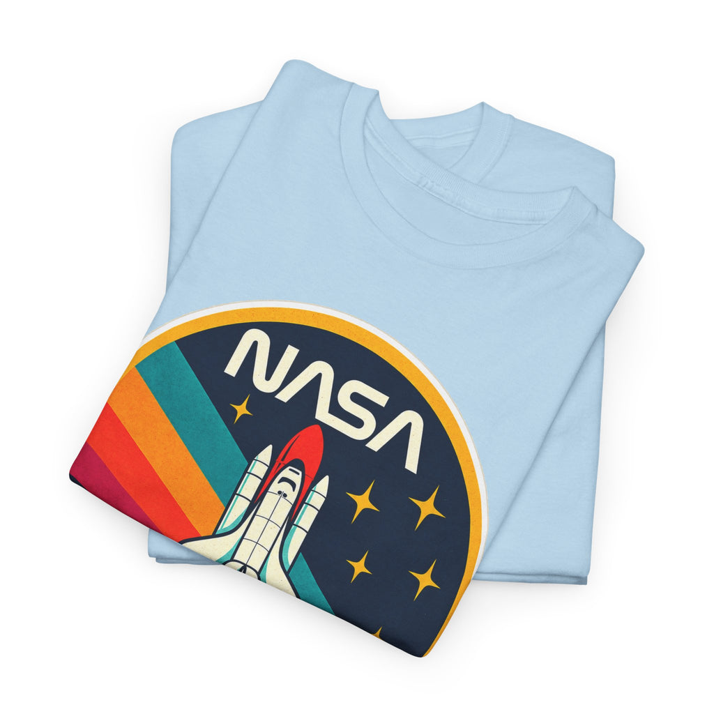 NASA Retro Rocket T‑Shirt — Vintage Space Shuttle Tee with Rainbow Trail
