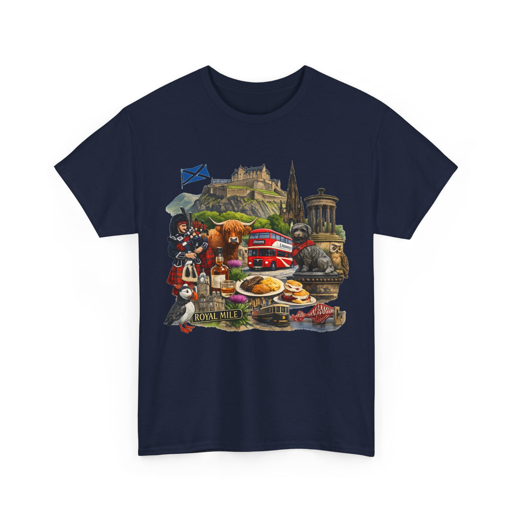 Scotland / Edinburgh Travel Collage T-Shirt — Edinburgh Castle, Bagpipes & Local Icons