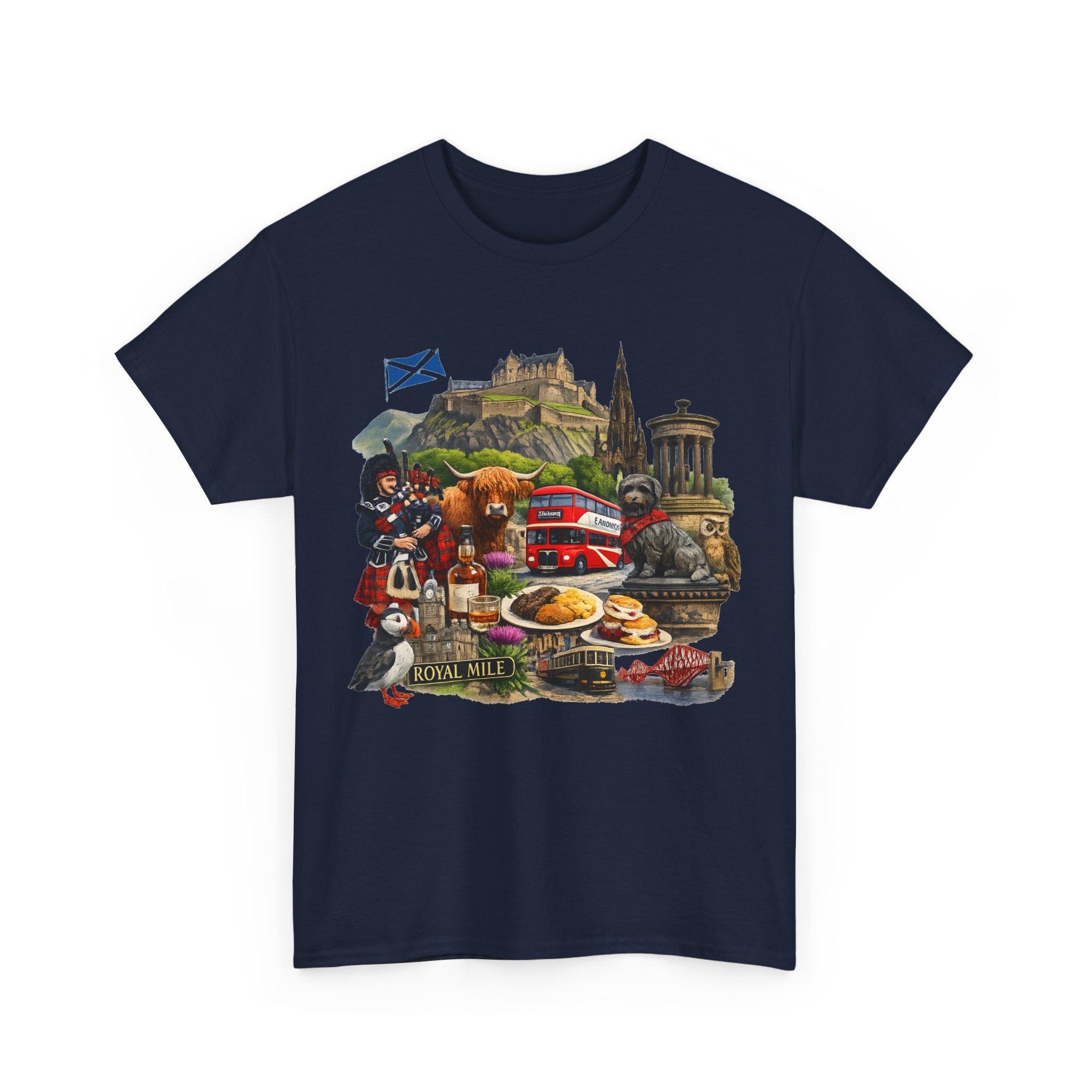 Scotland / Edinburgh Travel Collage T-Shirt — Edinburgh Castle, Bagpipes & Local Icons