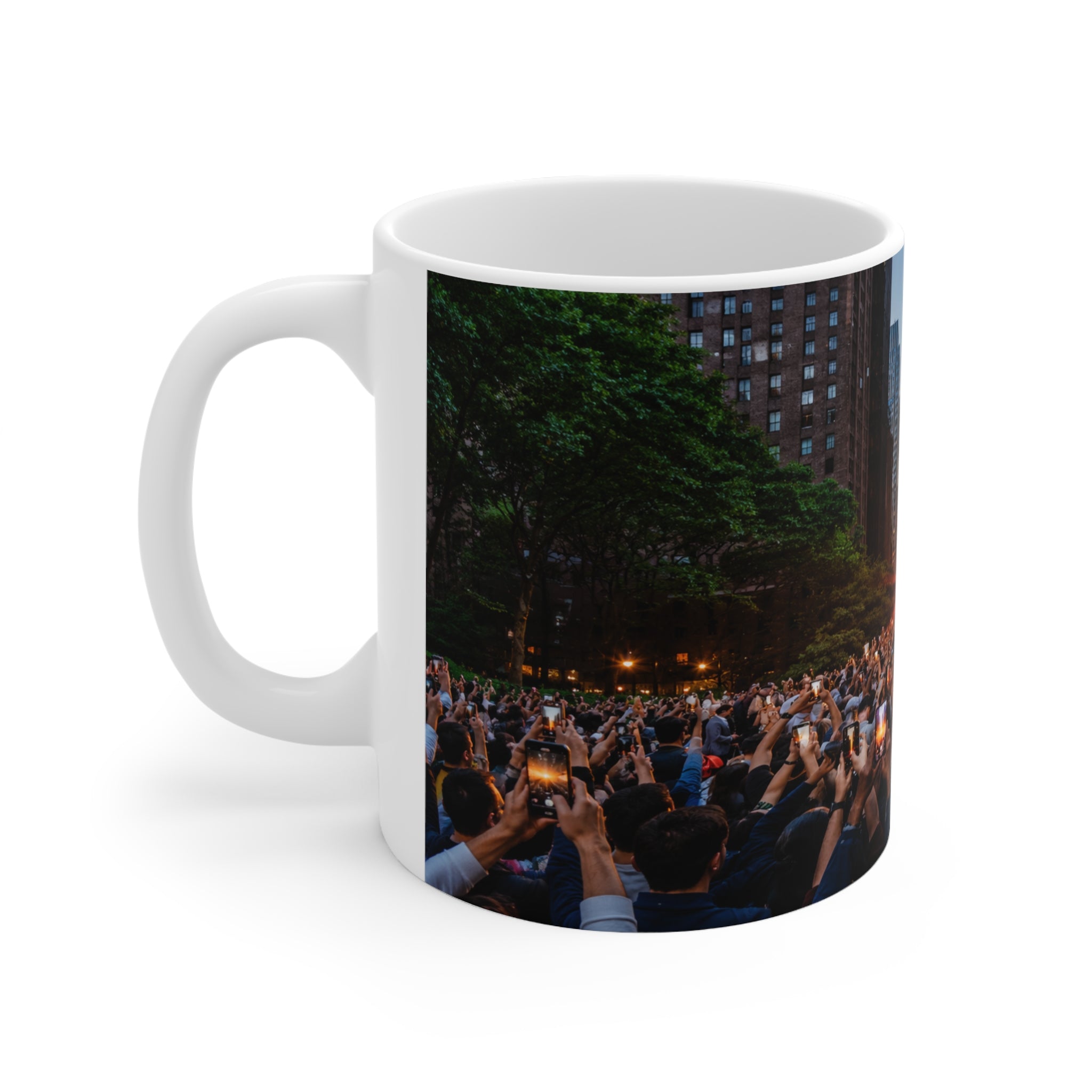 New York City Manhattanhenge Sunset Photo Mug — NYC Skyline Crowd Ceramic Coffee Cup (11oz/15oz)