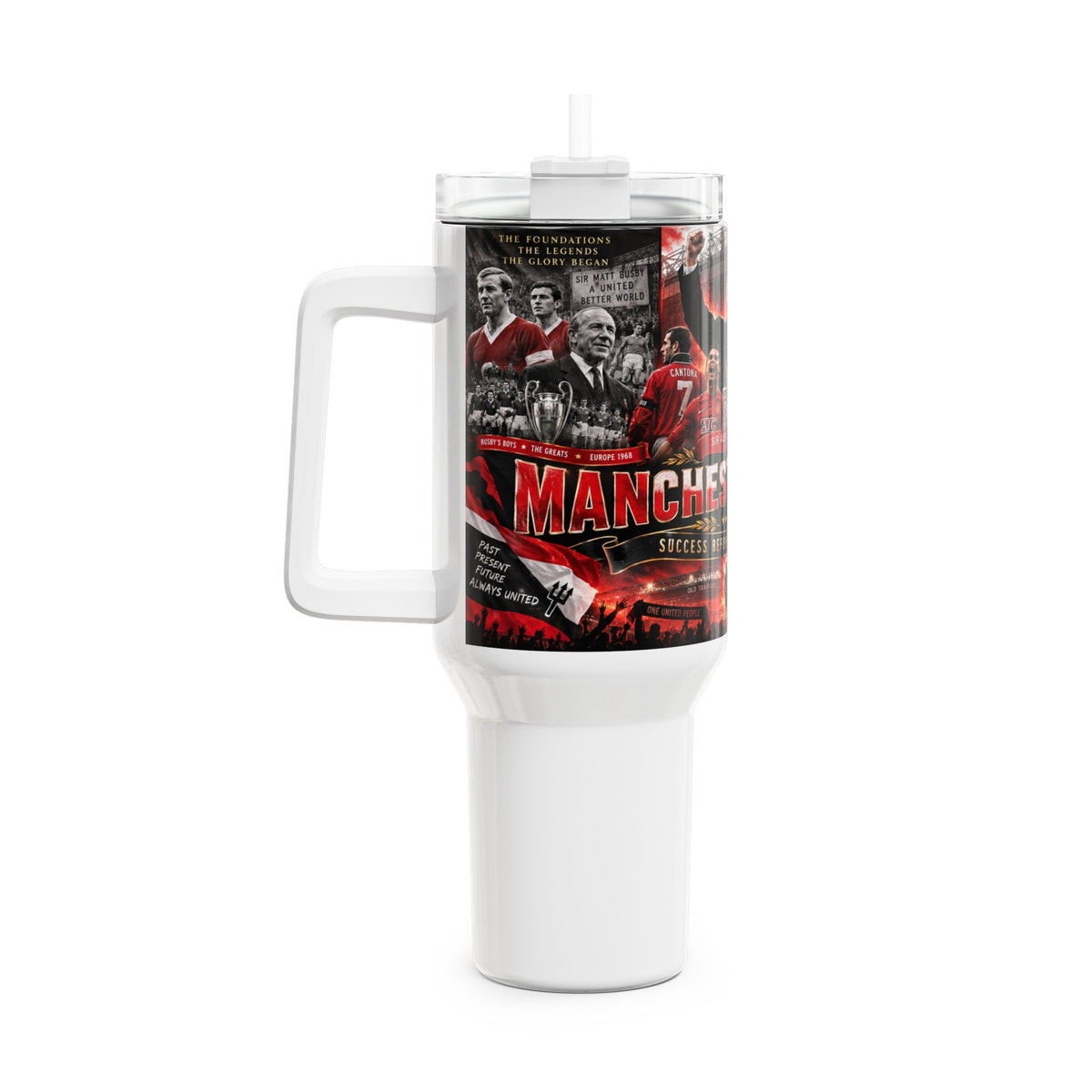 40oz Manchester United Tribute Tumbler — Retro Players & Stadium Collage