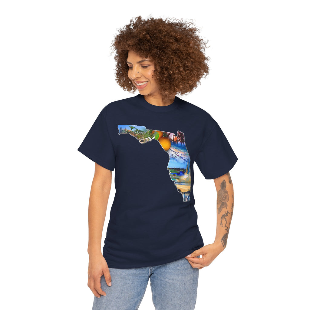 Florida State Shape T-Shirt — Scenic Beach & Sunset Map Tee