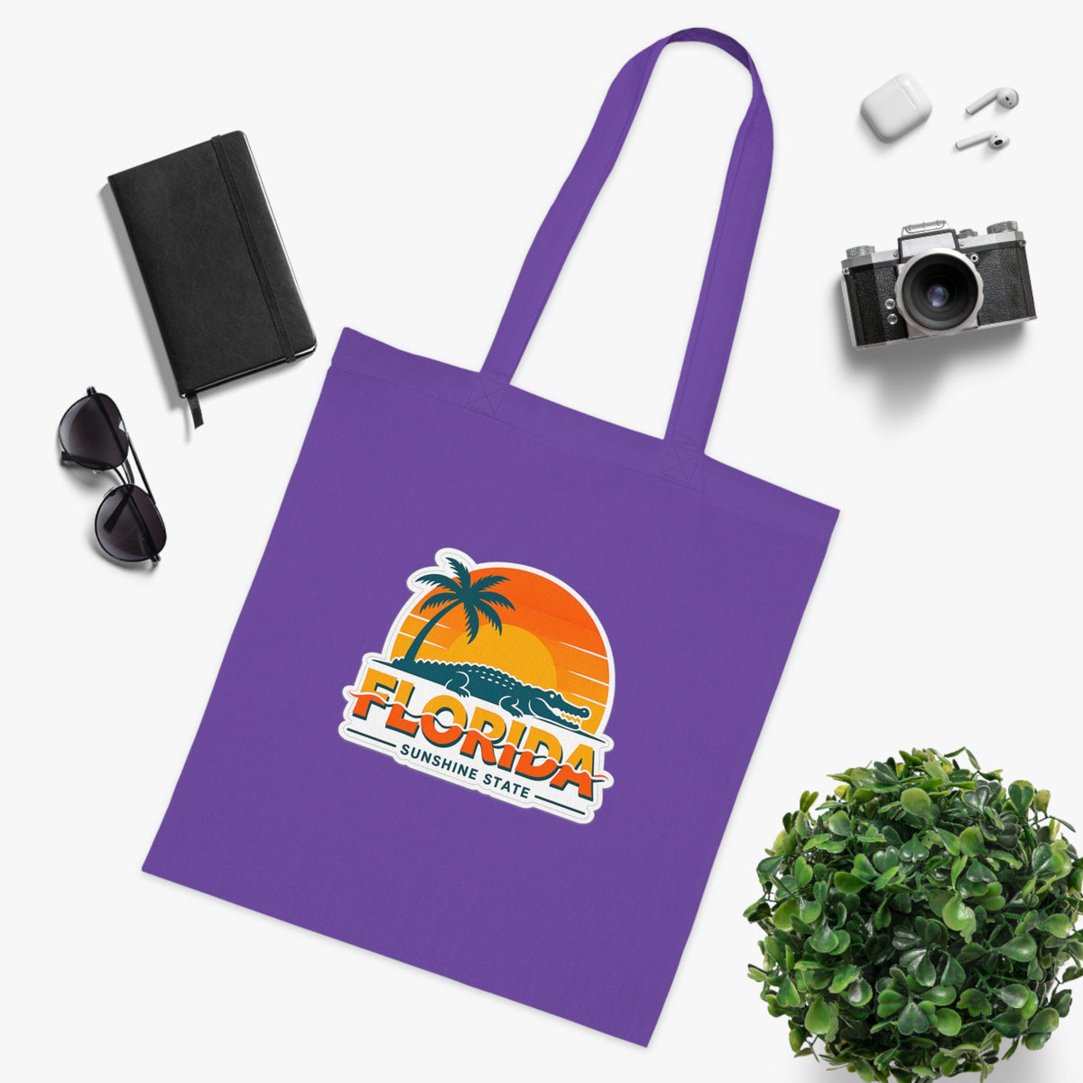 Florida Sunshine State Palm Tree Tote Bag — Retro Beach Sunset Cotton Tote
