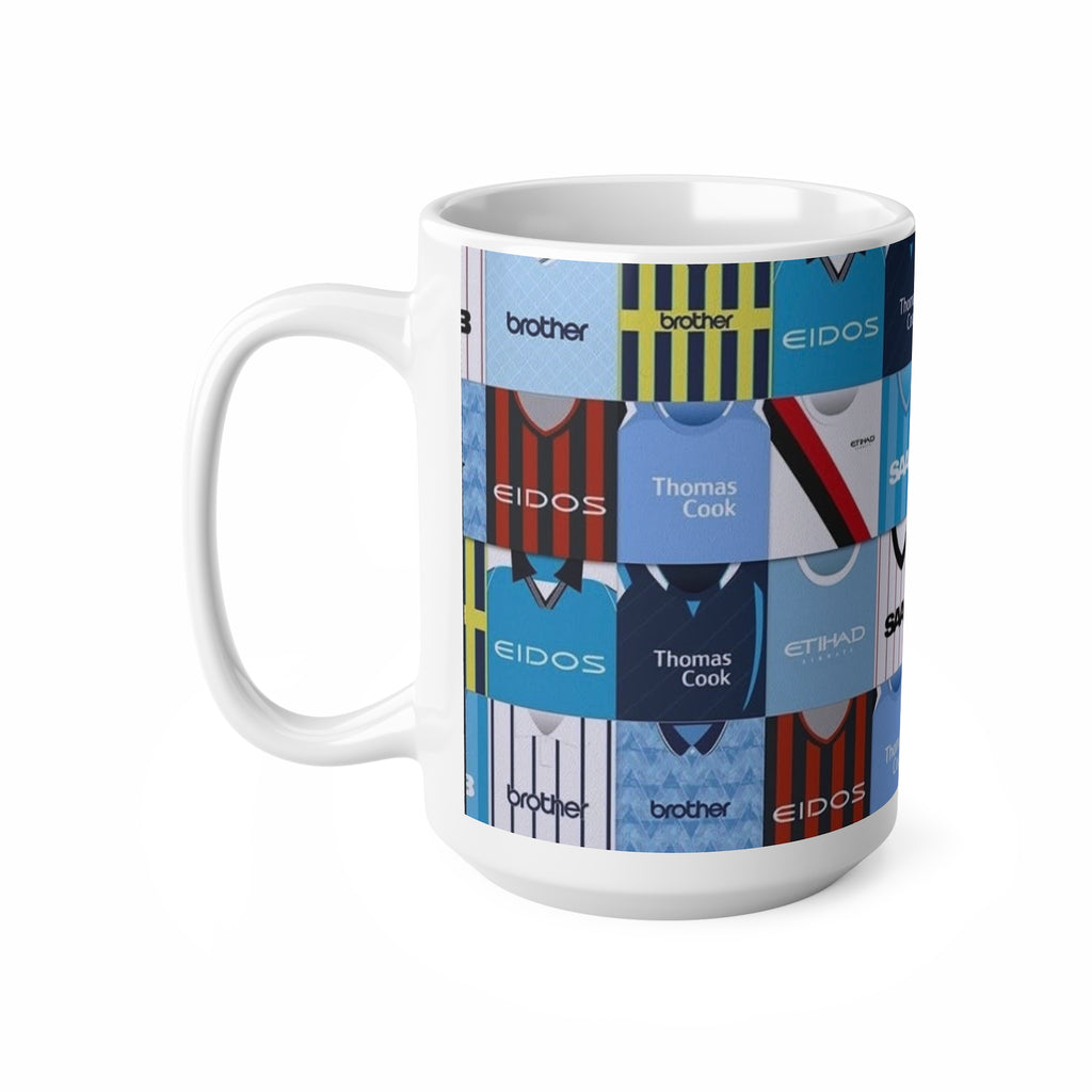 Manchester City Retro Football Kit Collage Mug — Vintage Soccer Jersey Pattern Coffee Cup (11oz & 15oz)