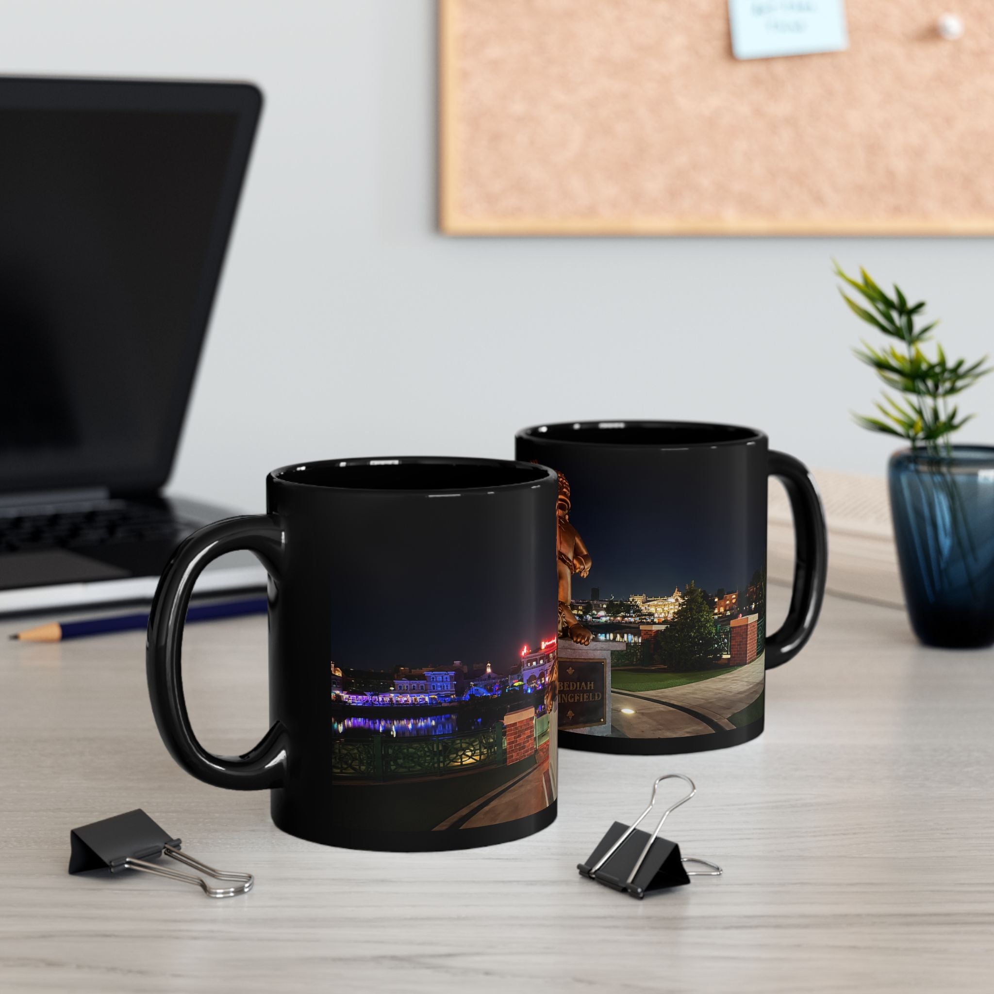 The Simpsons Photo Mug — University Statue & Campus Lights (Black 11oz/15oz)