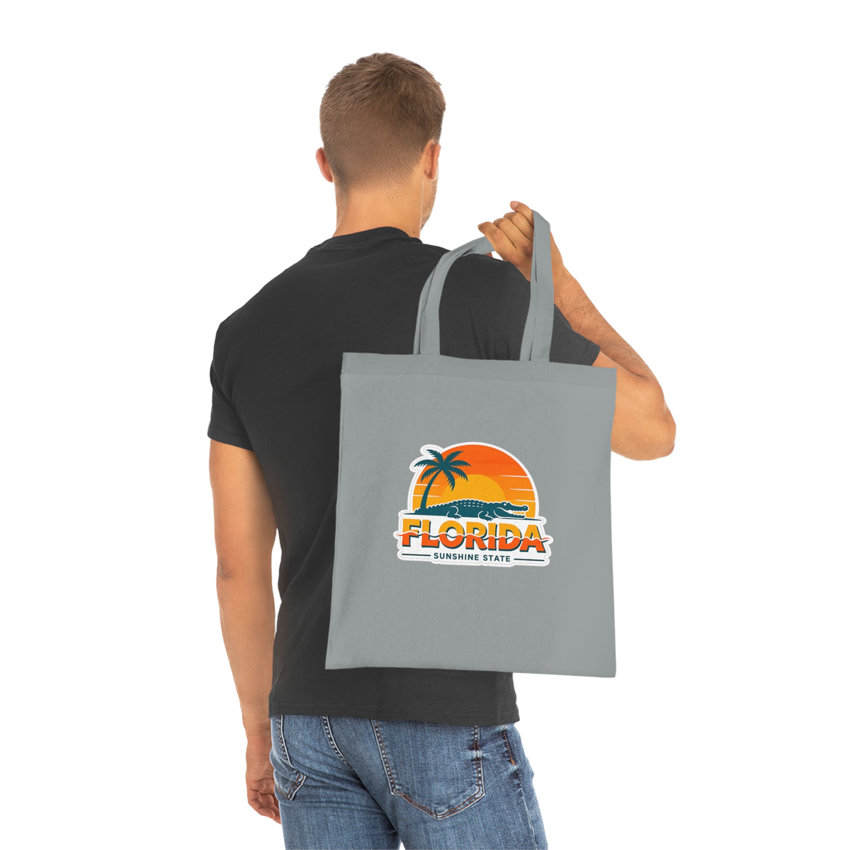 Florida Sunshine State Palm Tree Tote Bag — Retro Beach Sunset Cotton Tote