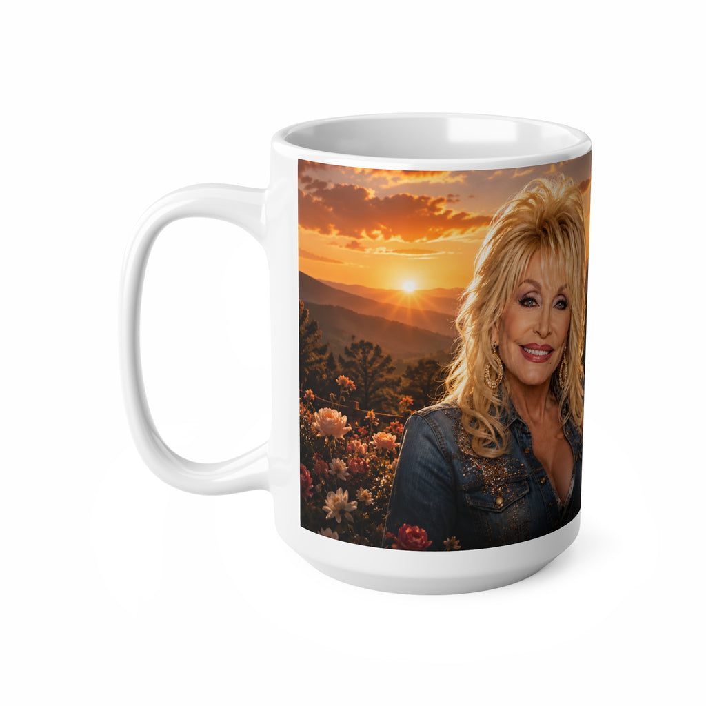 Dolly Parton Memorial Sunset Portrait Mug — Inspirational Tribute Ceramic Coffee Cup