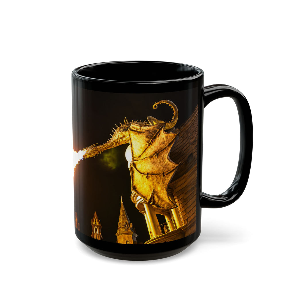 Golden Dragon Fire-Breathing Black Mug — Fantasy Castle Coffee Cup