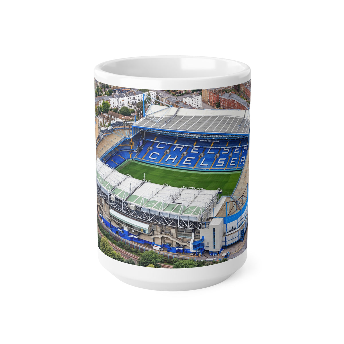 Chelsea FC Stamford Bridge Stadium Aerial Photo Ceramic Coffee Mug — 11oz & 15oz