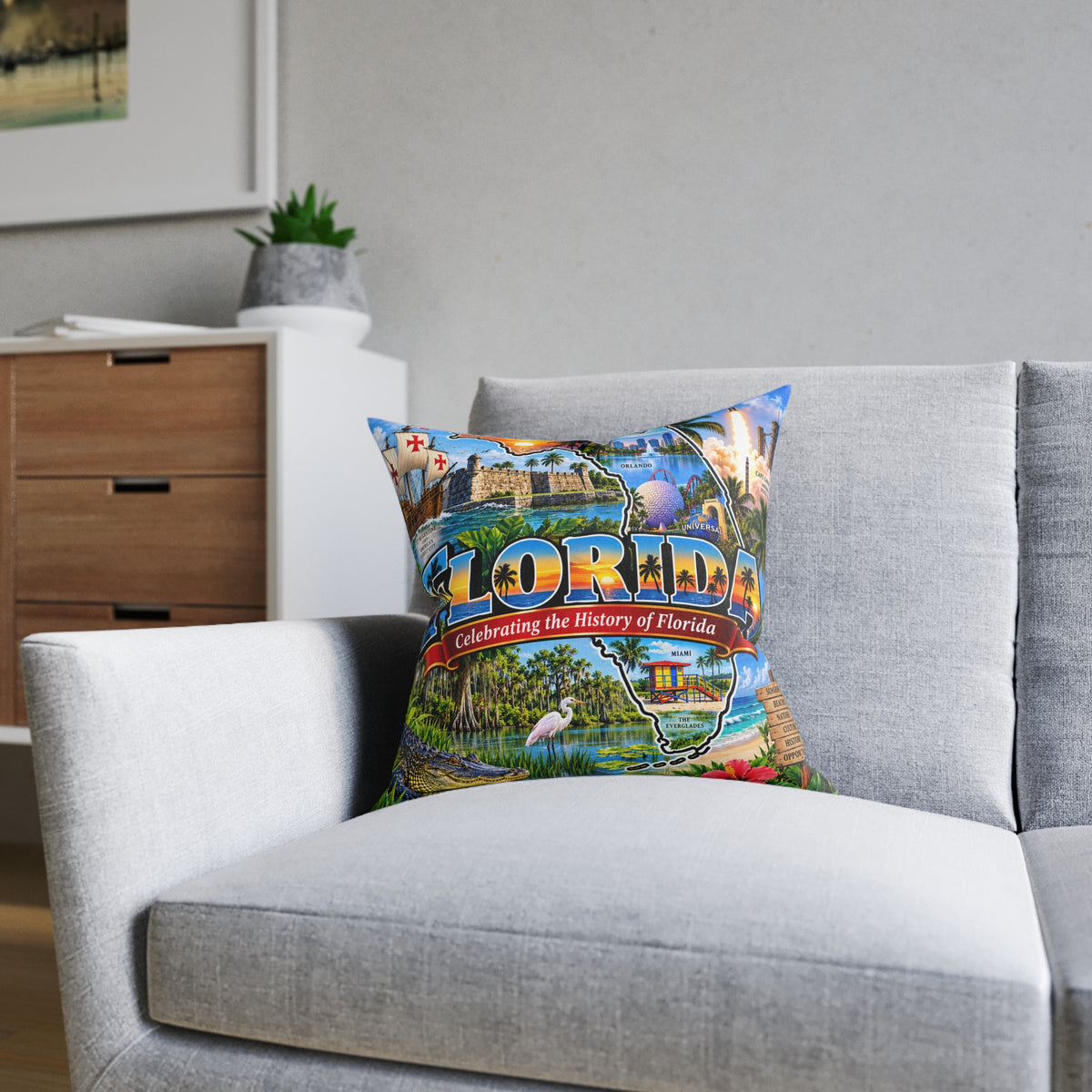 Florida Map Square Pillow — Vintage Travel State Throw Pillow