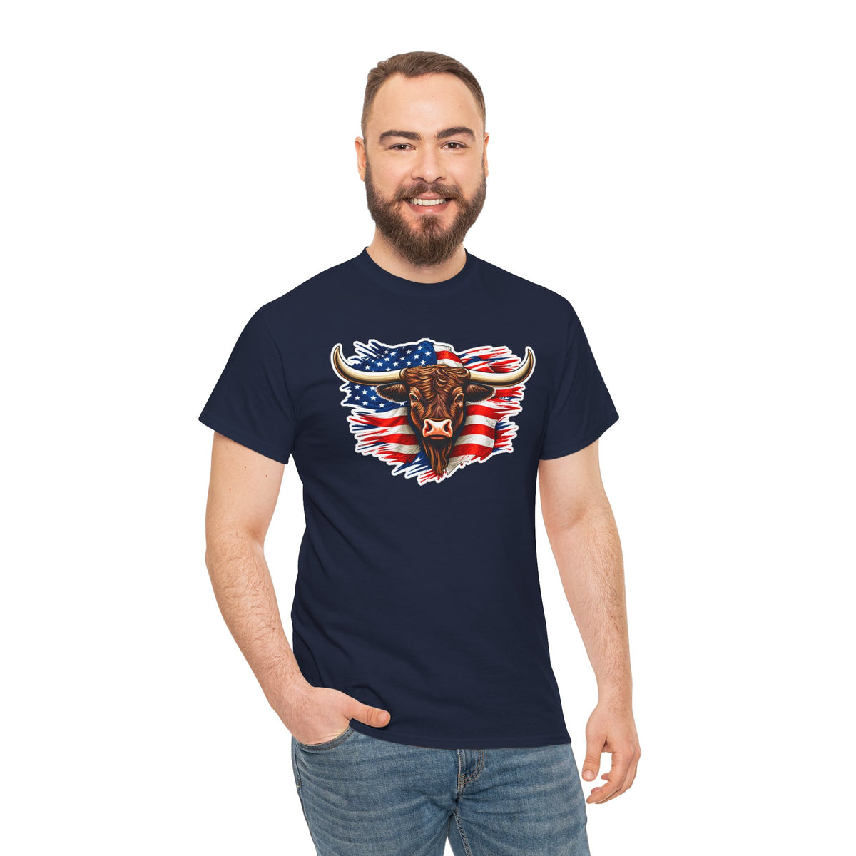 American Flag Bull Graphic Tee — Patriotic Cowboy Western T-Shirt