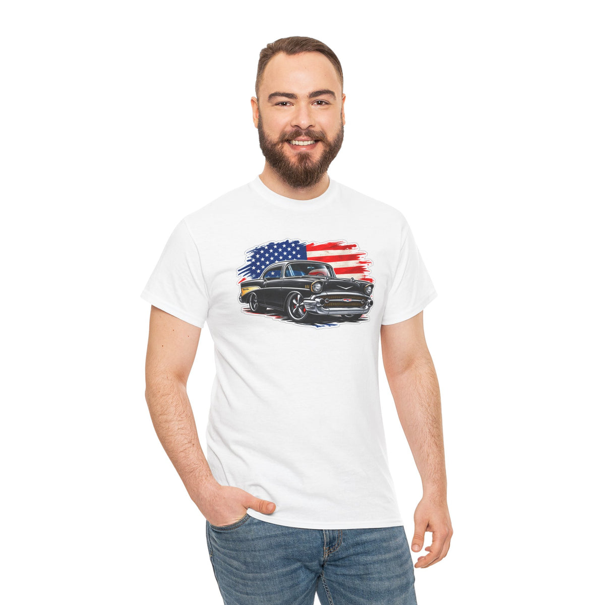 American Muscle Car T‑Shirt — Classic Vintage Car with USA Flag