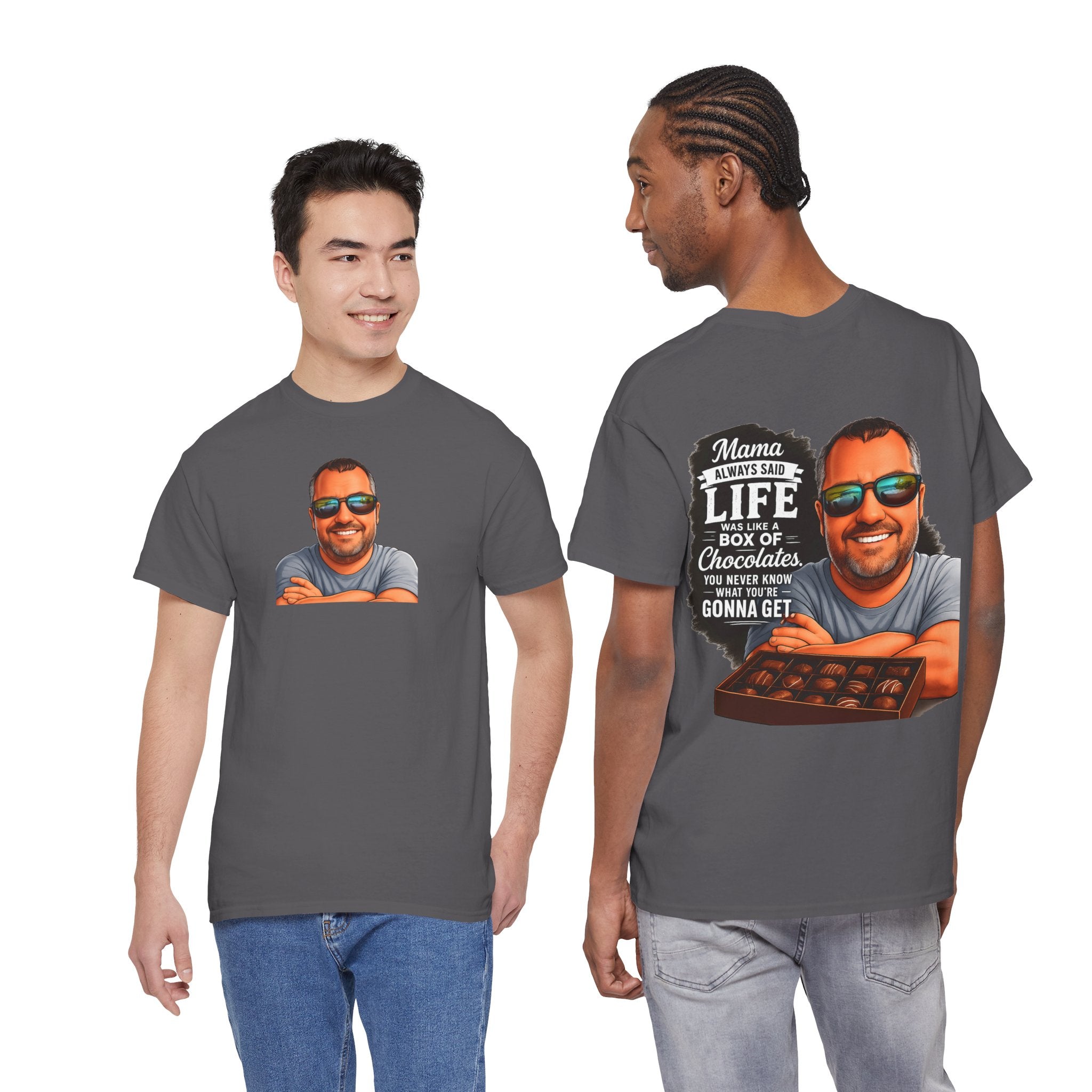 T-Shirt — "Mama Always Said Life Is Like A Box Of Chocolates" Graphic Tee (Funny Retro Portrait)