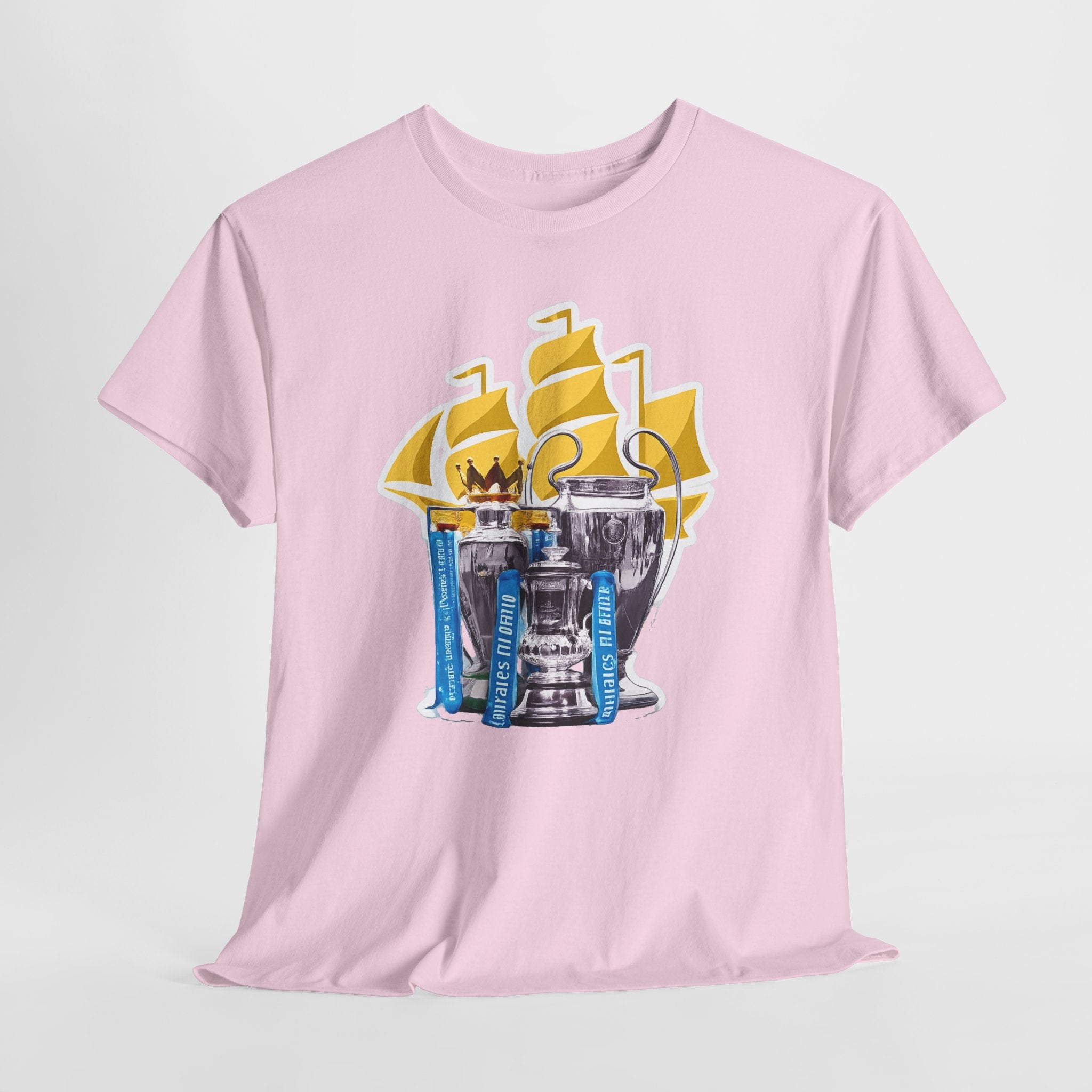 Manchester City Champions Trophy Tee – Golden Cups & Blue Scarves Football Fan Shirt