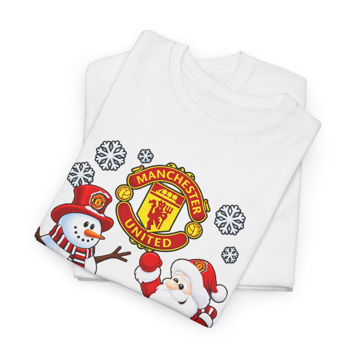 Manchester United Christmas Cotton Tee — Santa & Snowman Football Holiday Shirt