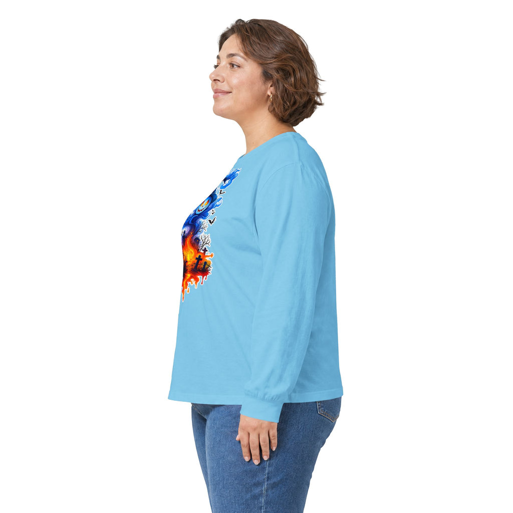 Ghost Flame Long Sleeve Tee — Spooky Blue Spirit Graphic