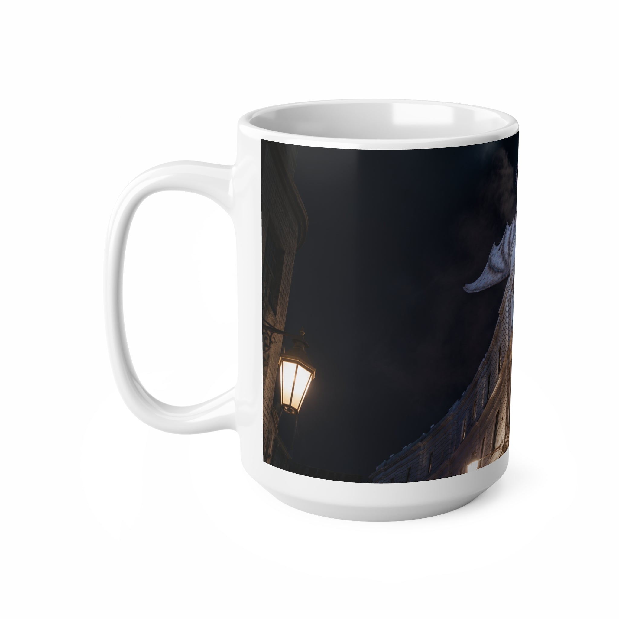 Dragon Perched on Rooftop Ceramic Coffee Mug — Gothic Night Fantasy 11oz/15oz