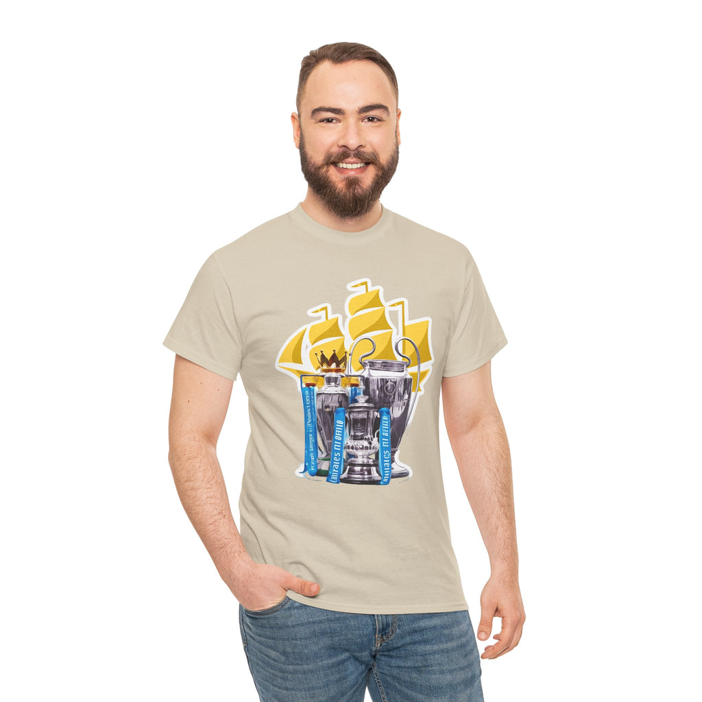 Manchester City Champions Trophy Tee – Golden Cups & Blue Scarves Football Fan Shirt