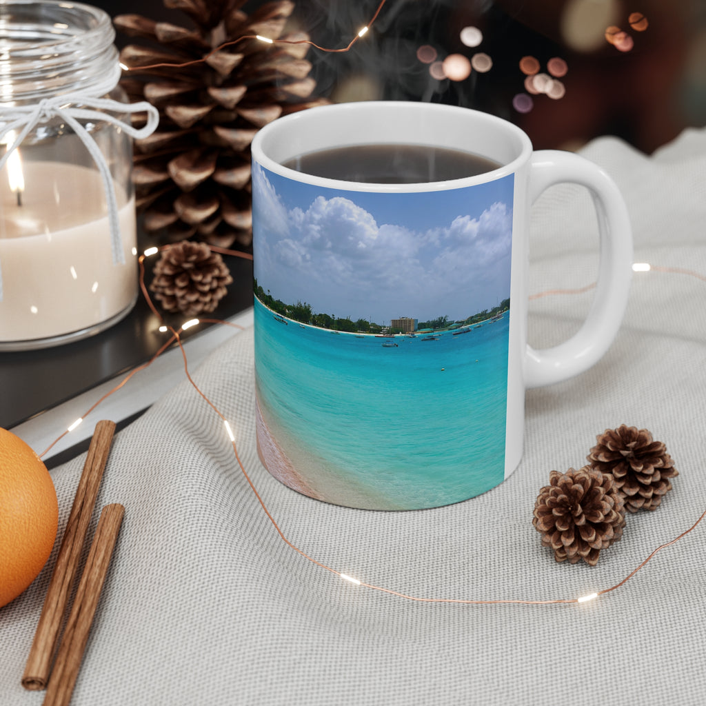 Barbados Beach Scene Coffee Mug — Tropical Pink Sand & Turquoise Water Ceramic Cup (11oz/15oz)