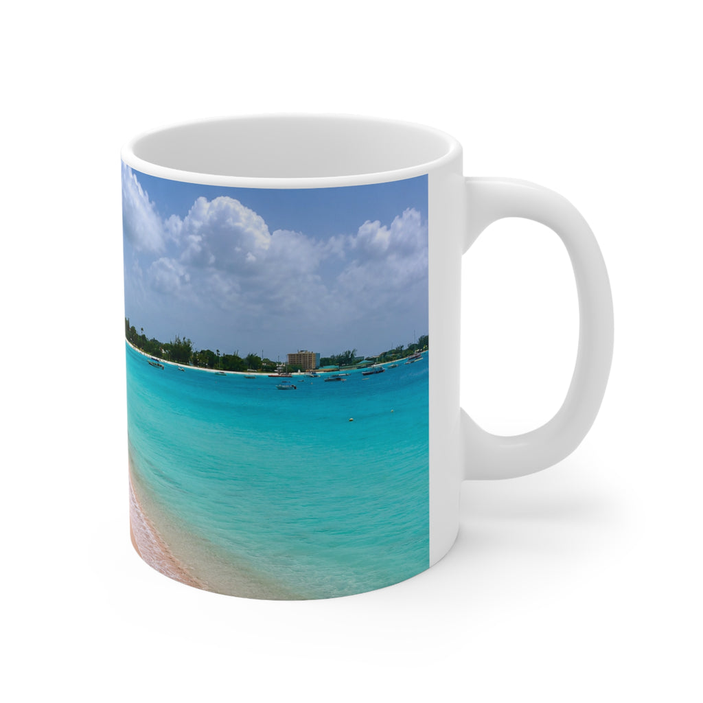 Barbados Beach Scene Coffee Mug — Tropical Pink Sand & Turquoise Water Ceramic Cup (11oz/15oz)