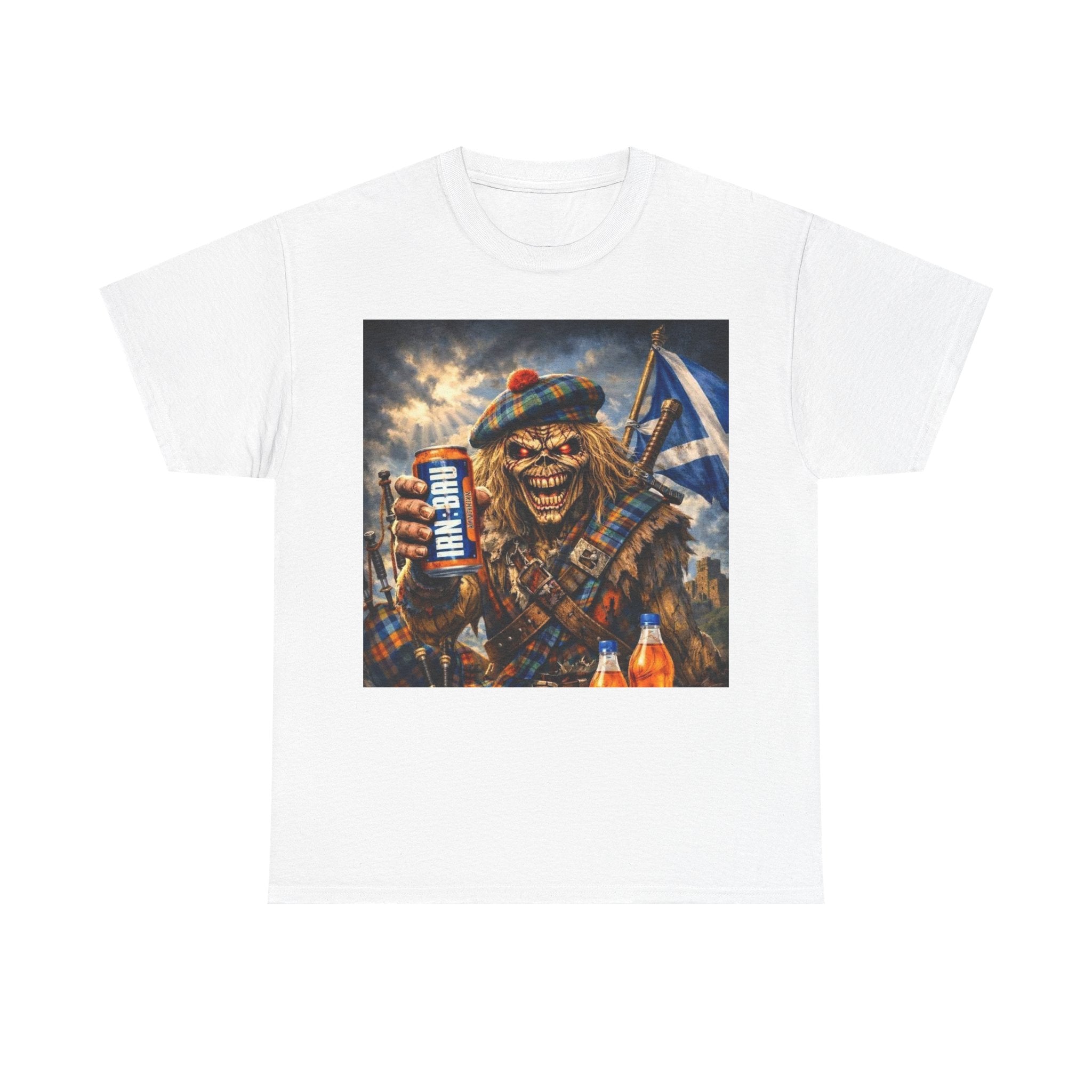 Scottish Rock Skull T‑Shirt — Eddie the Piper with Flag & Can Graphic Tee