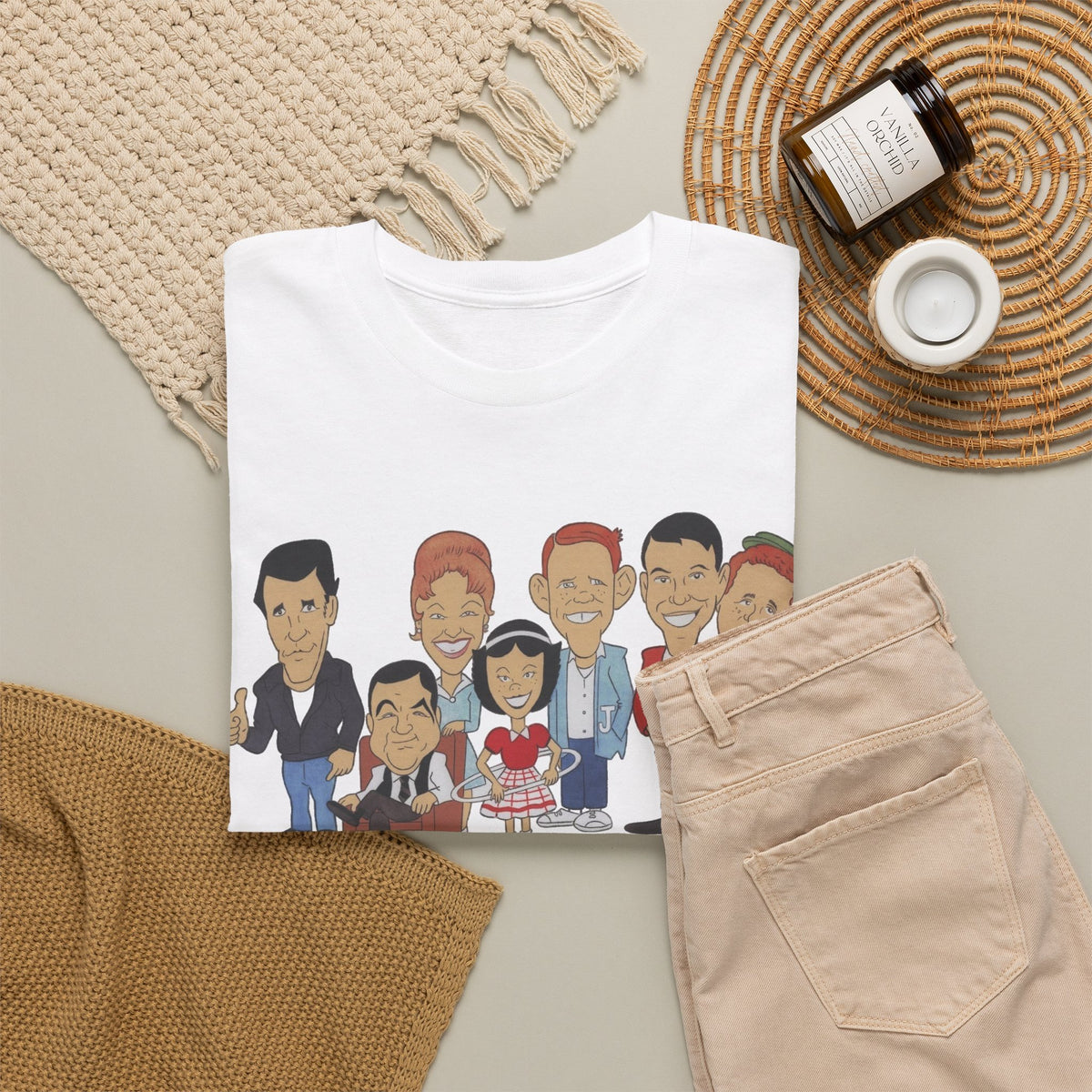 Happy Days Retro TV Cast Cartoon Tee - Vintage Sitcom Character Group Shirt