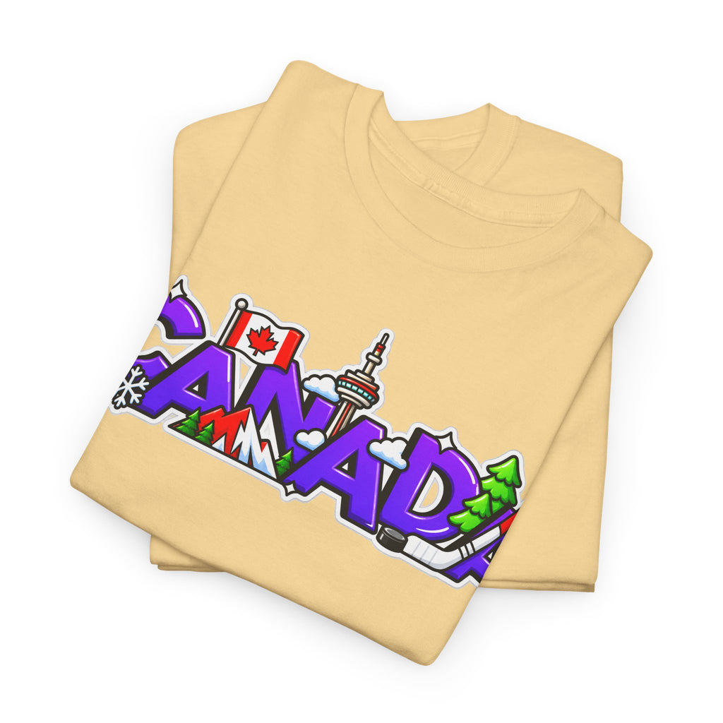 Canada Cartoon Graphic Tee — Canadian Landmark & Flag Travel T‑Shirt