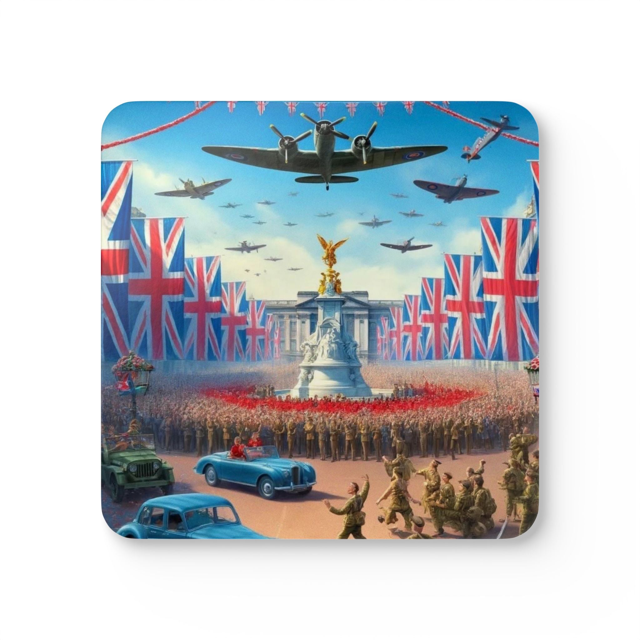 Vintage British Victory Parade Cork Coaster Set — Union Jack, Spitfires & Buckingham Palace Design