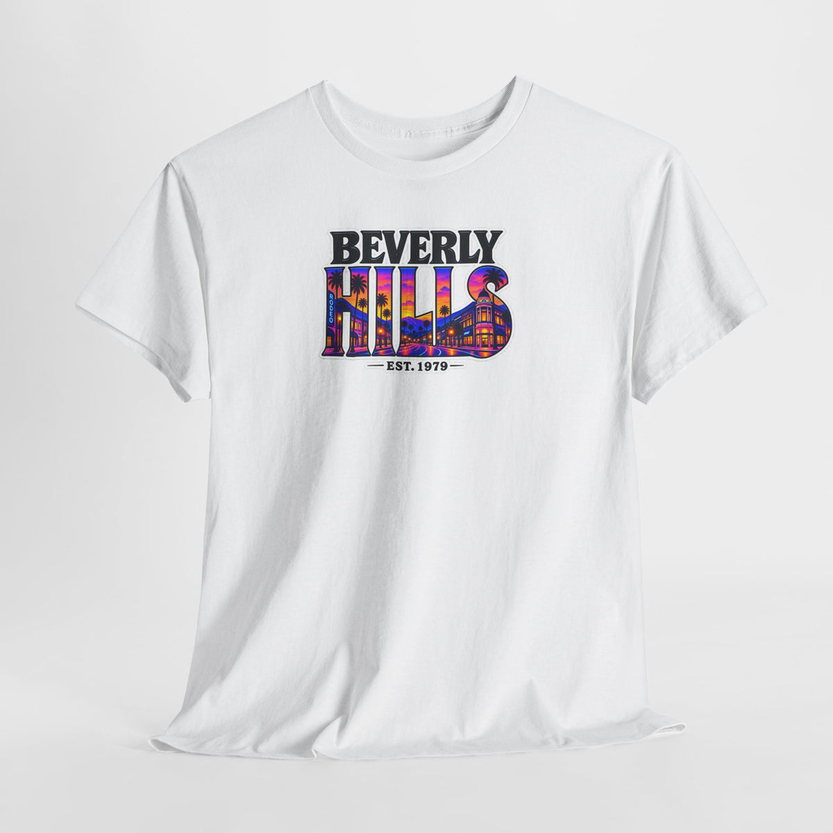 Beverly Hills Retro Sunset Tee — 'Beverly Hills EST. 1979' Graphic T-Shirt