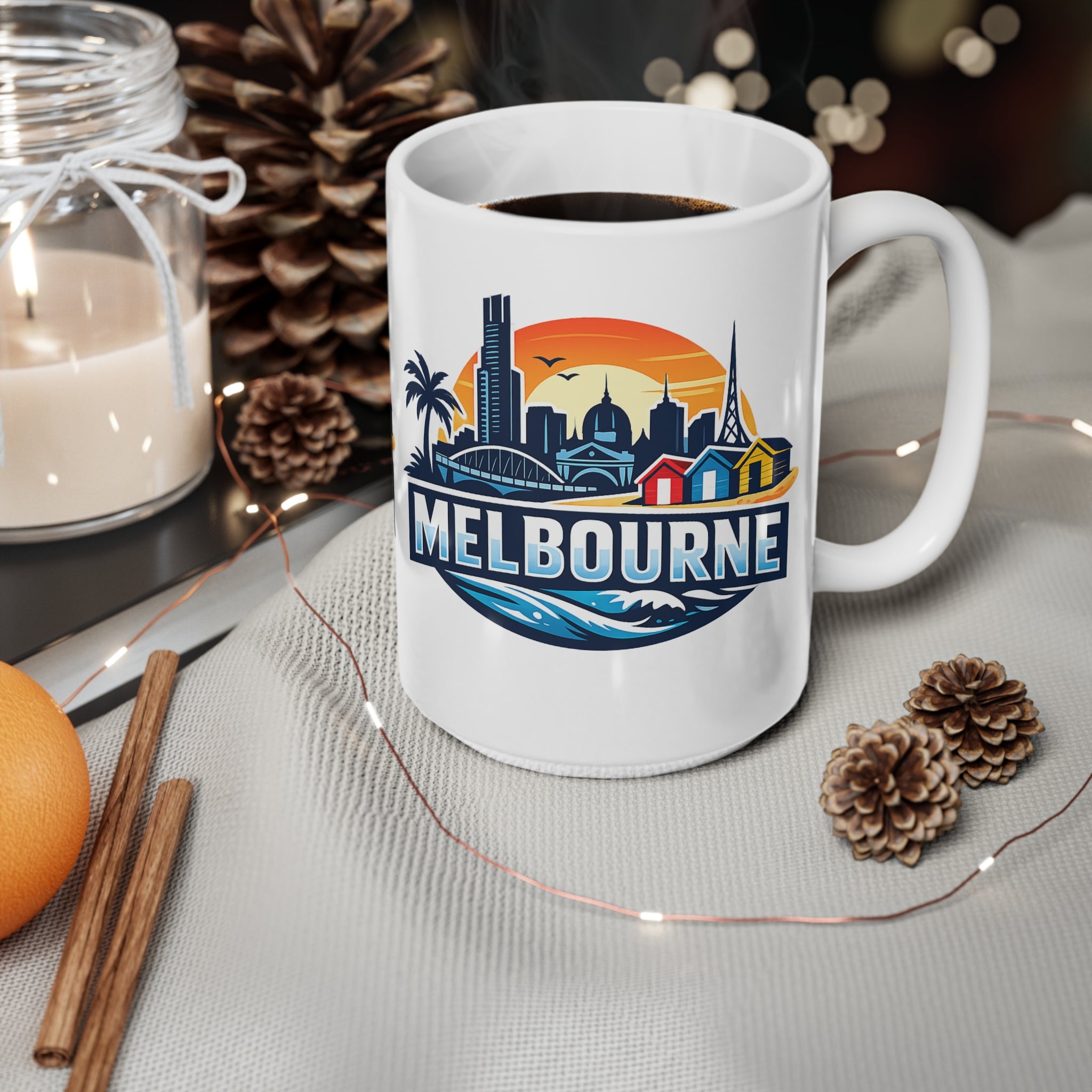 Melbourne Skyline Ceramic Coffee Mug — Retro Beach Cityscape 11oz/15oz