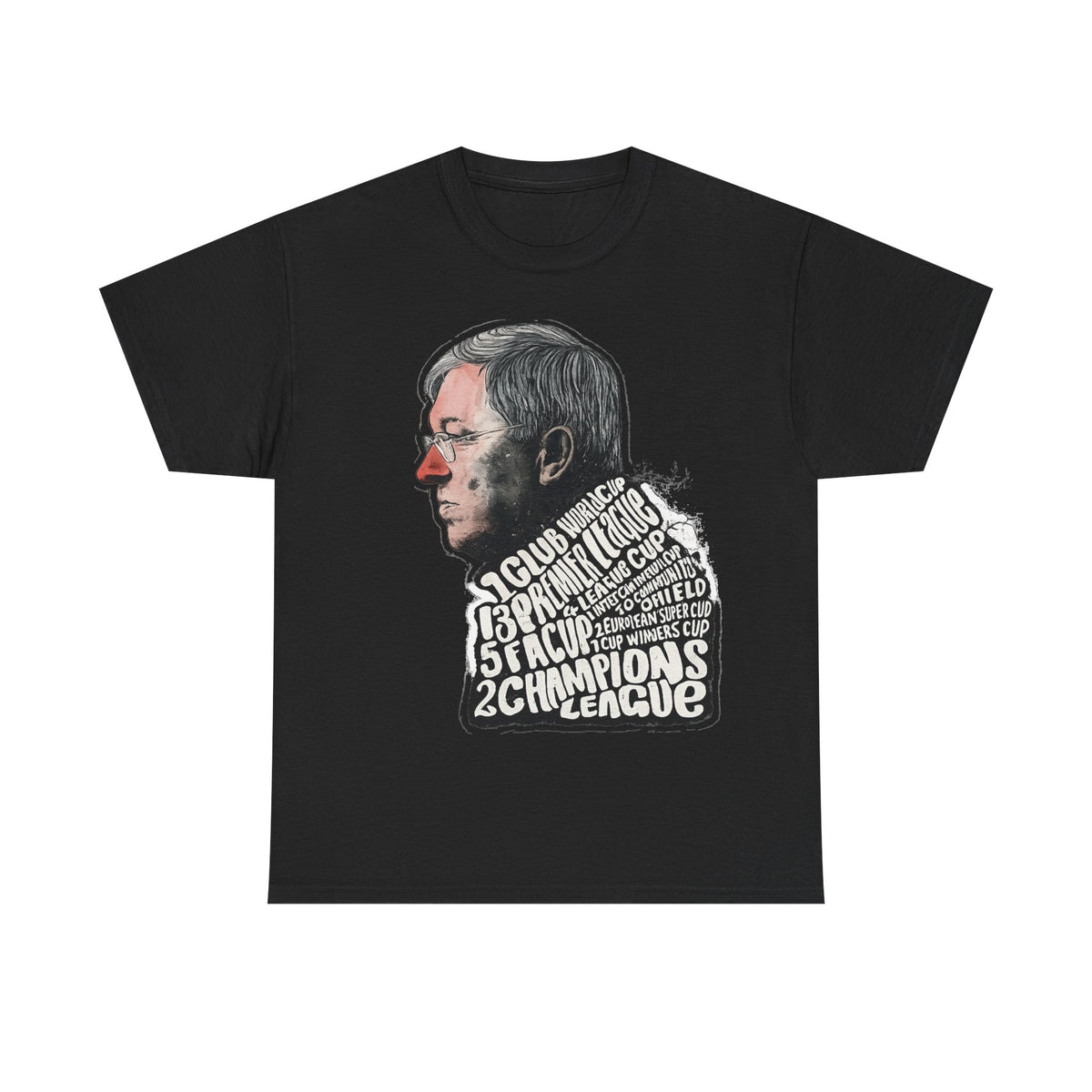 SIr Alex Ferguson Achievements Vintage Football Manager Profile Tee — Illustrated Head with Trophy Text Design