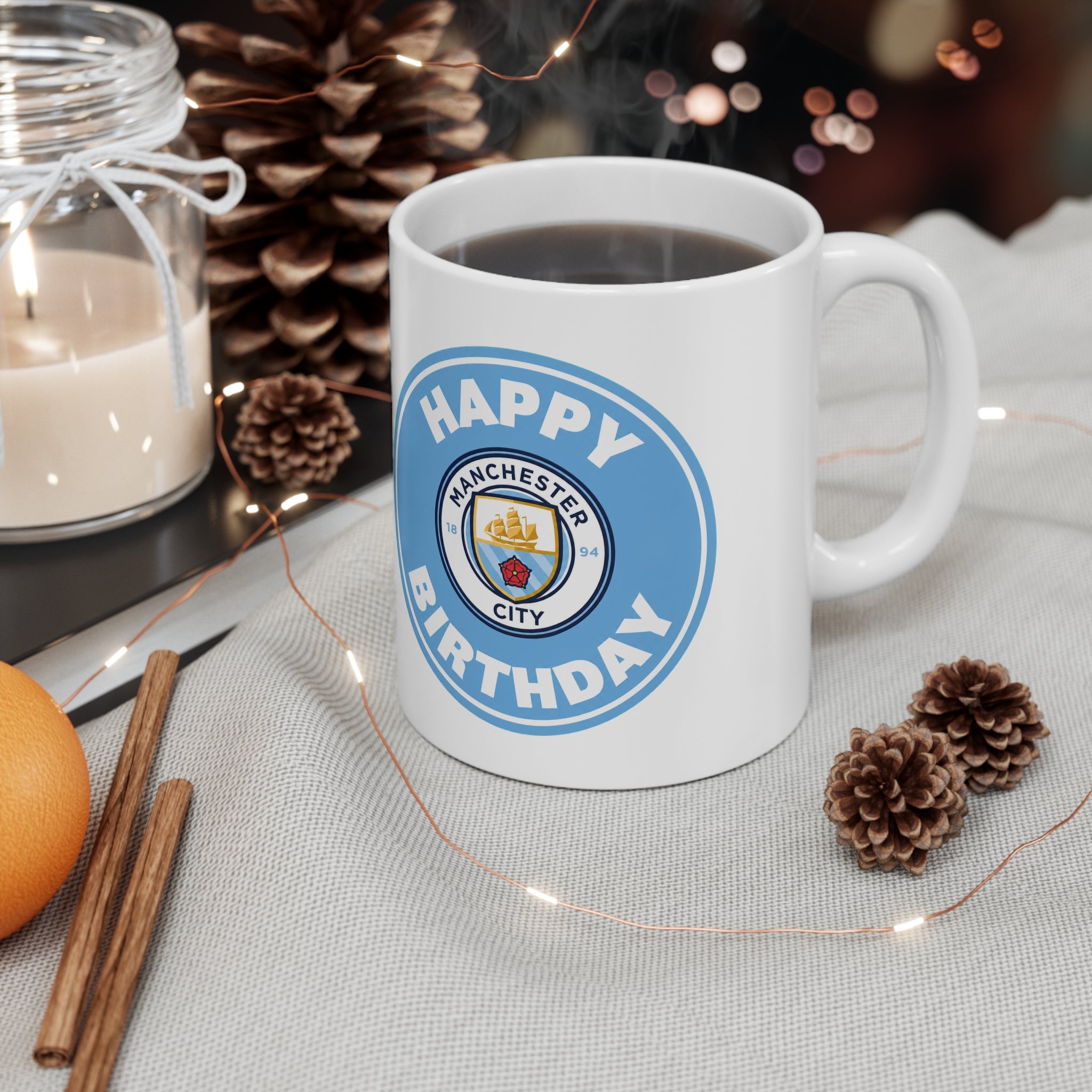 Manchester City Inspired Happy Birthday Football Mug — Manchester City Crest Ceramic Coffee Cup (11oz & 15oz)